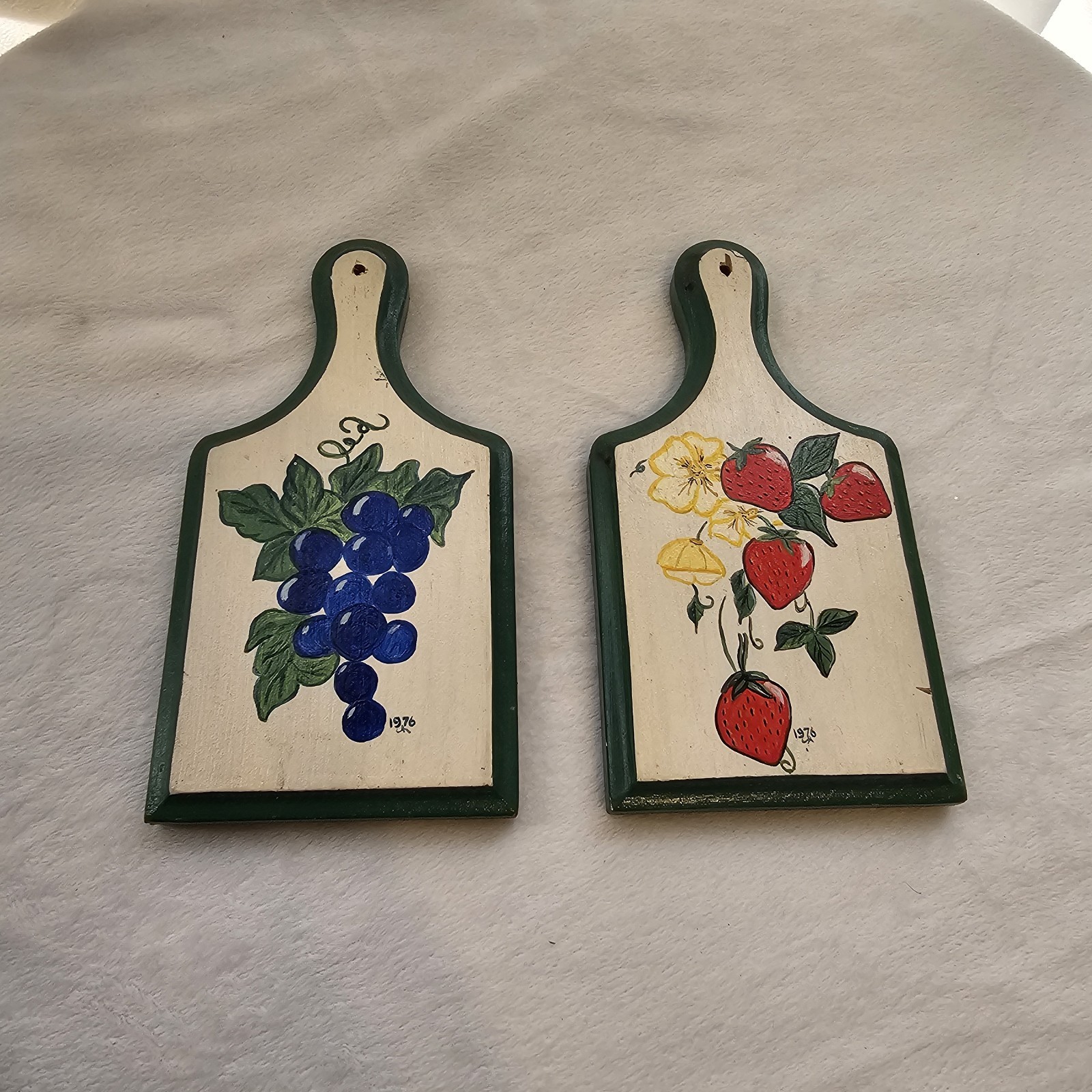 Vintage 1976 Hand Painted Wood Wall Decor Strawberries Grapes Lot Of 2