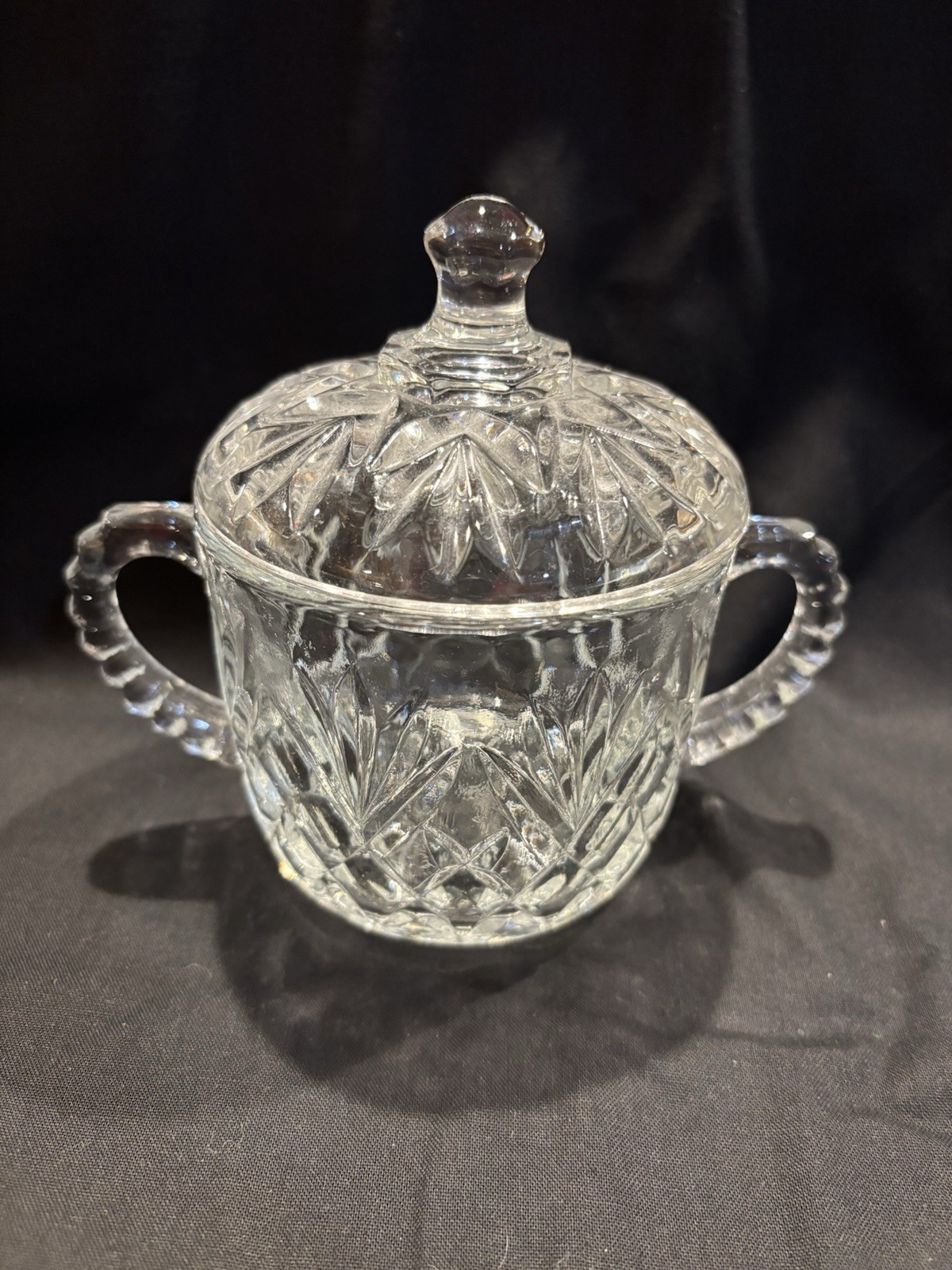 Vintage Clear Glass, Sugar Bowl With Lid, Starburst Floral Diamond Pattern Vintage Clear Glass, Sugar Bowl With Lid, Starburst Floral Diamond Pattern