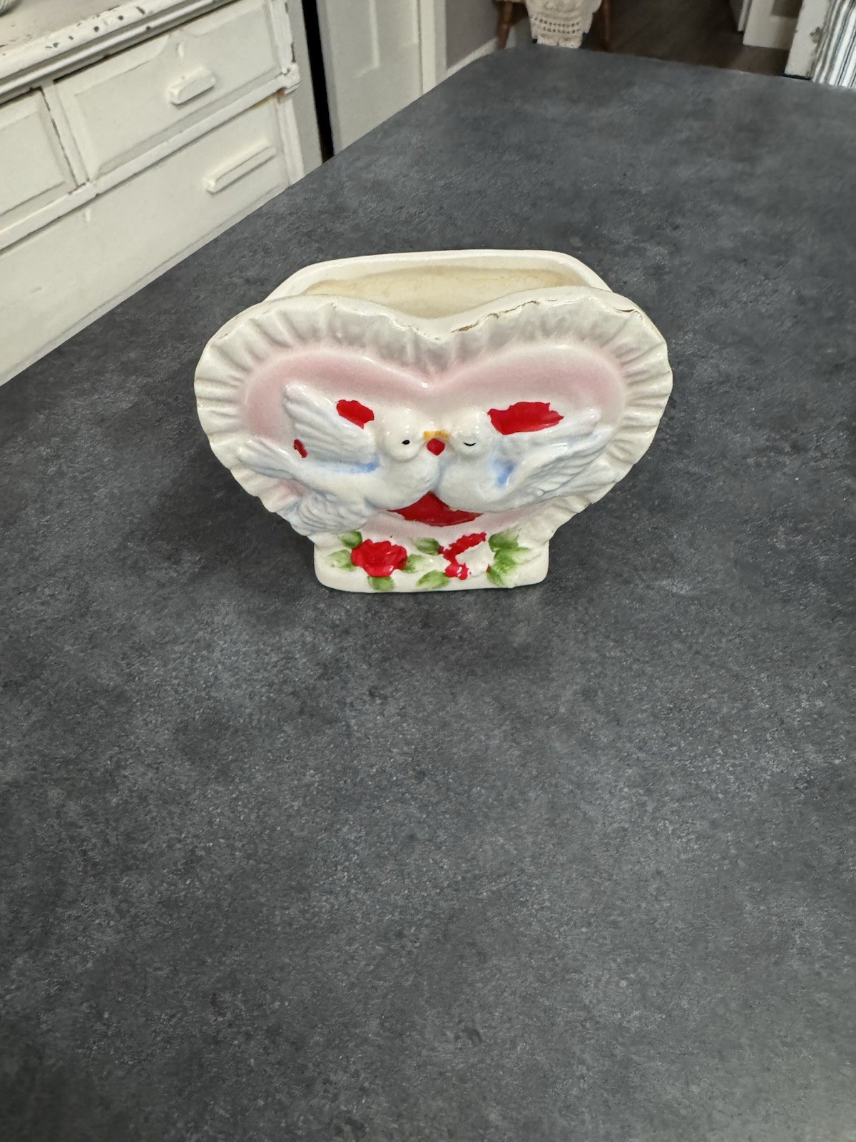 Vintage Lefton Ceramic Valentine's Day Planter, Love Birds, Heart Shaped