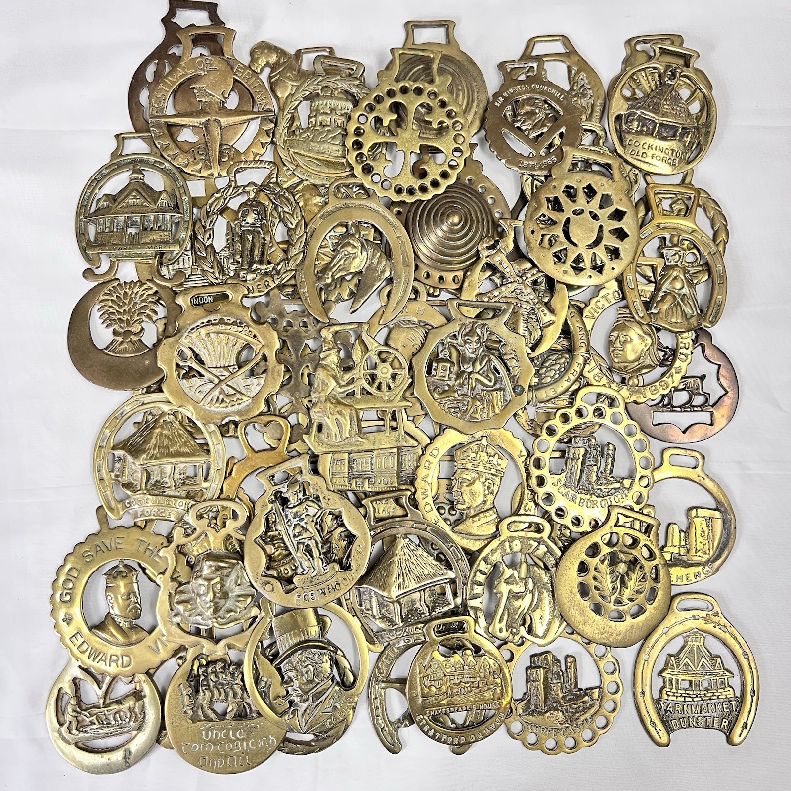 Brass Horse Medallion Lot of 60 Antique to Vintage Royal Souvenir