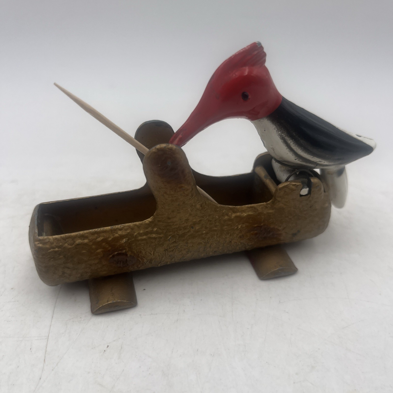 Vintage 1950s Mechanical Woodpecker on Log Toothpick Holder Dispenser Cast Metal