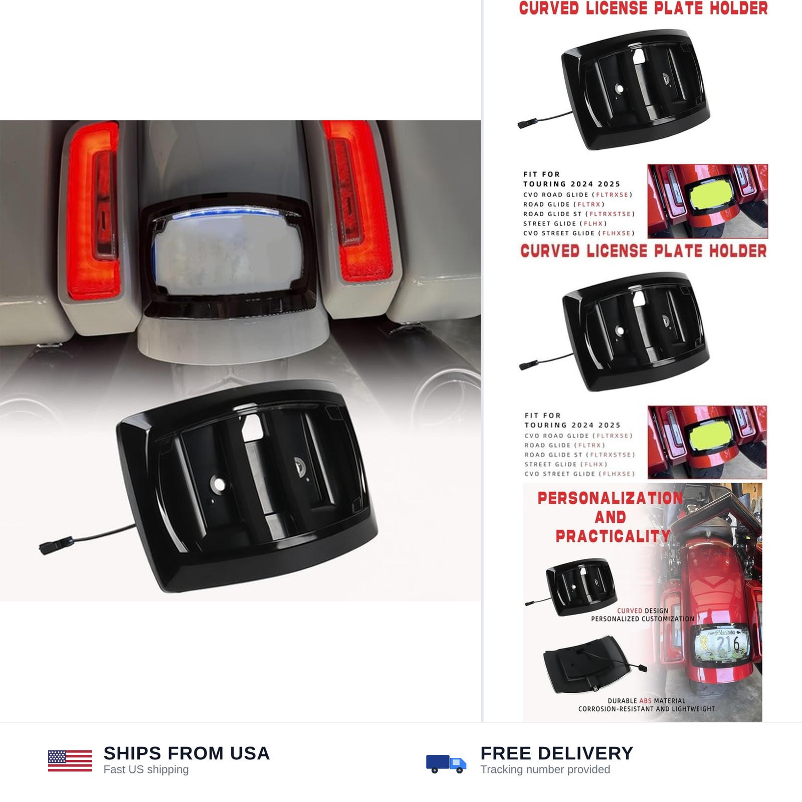 Curved License Plate Holder Bracket Frame LED Light For Touring 2024 2025 CVO...