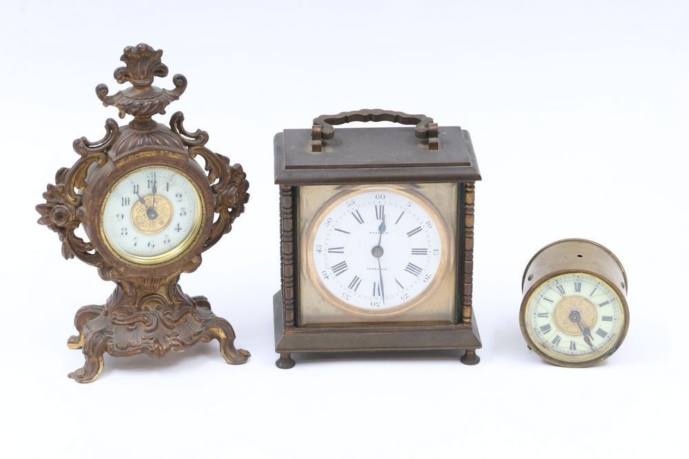 Three Antique Brass Late 19th Century Clocks (2 Ansonia and 1 Reed & Sons)