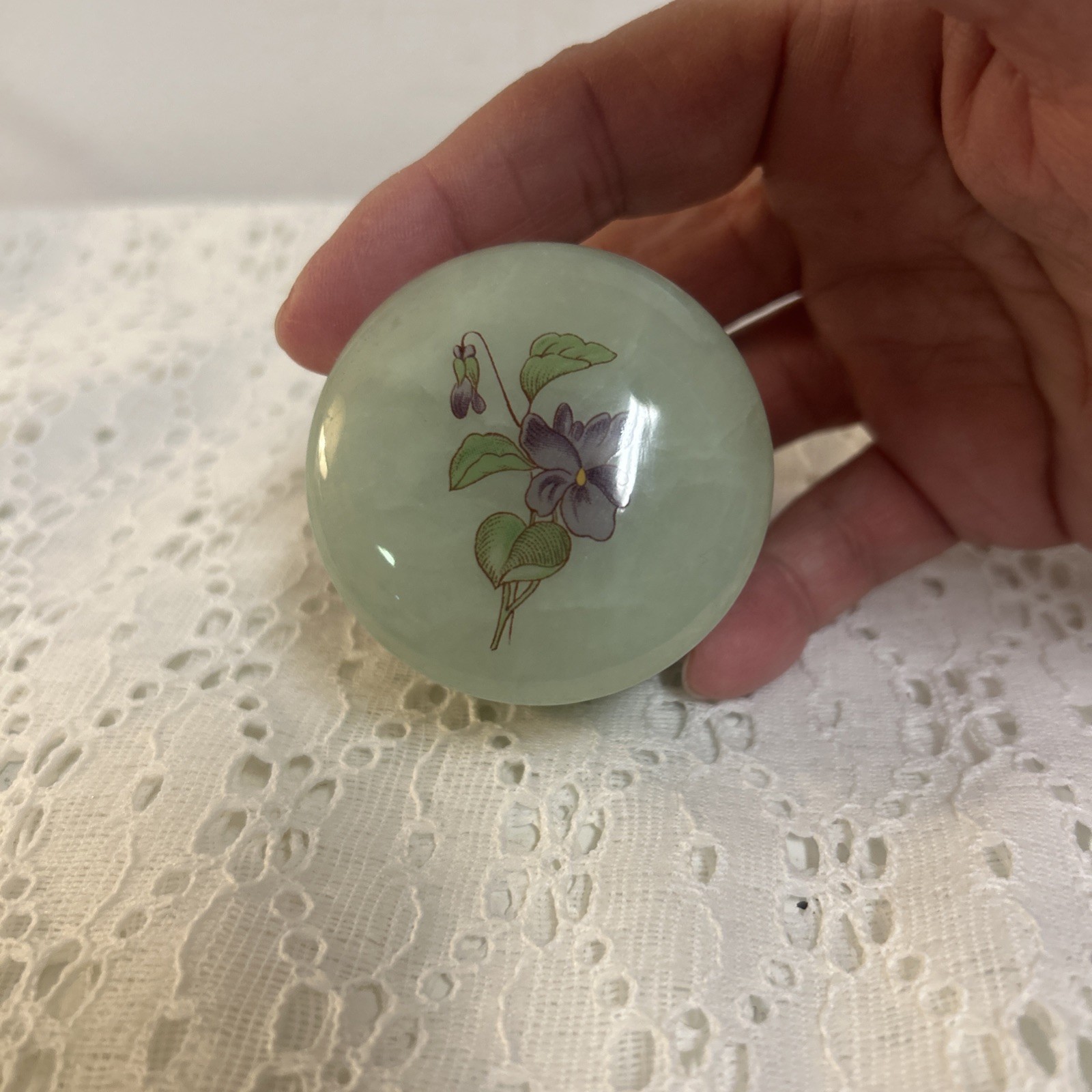 Vintage Marble Green Teal Trinket Pill Box Jar Violet Decal Hinged Lid 2”x 1.5” Vintage Marble Green Teal Trinket Pill Box Jar Violet Decal Hinged Lid 2”x 1.5”