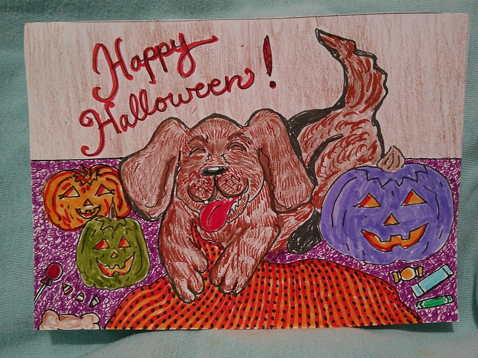 Vintage Style Halloween Greeting Card - Cute Dog w/ Purple Pumpkin - Handmade