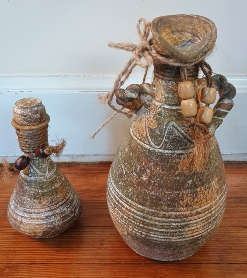 Lot 2 Vtg Mexico Pottery Rope Bead Raku PItcher Urn Jug w stopper Vases UNIQUE