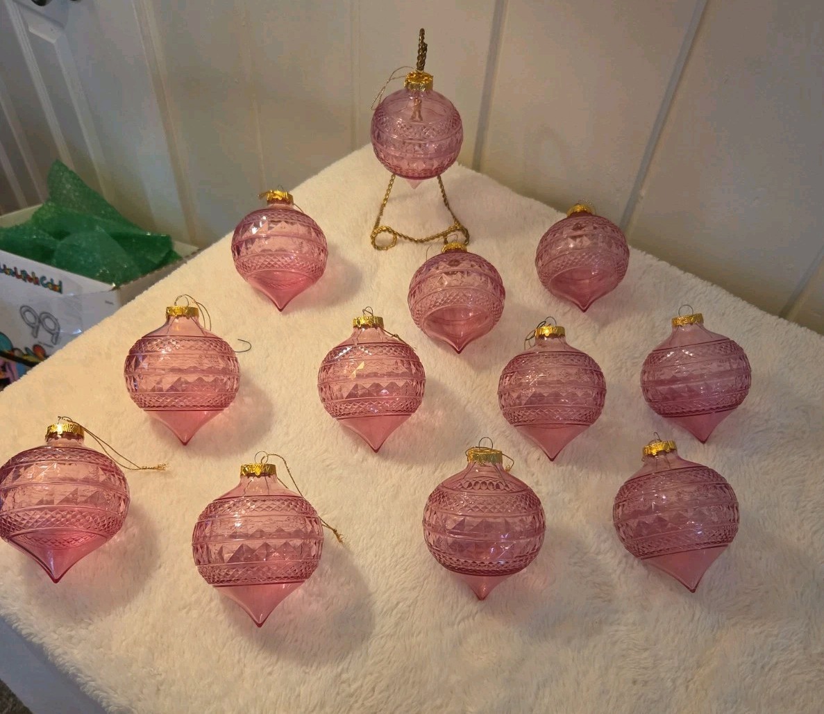 RARE VTG PINK/ GOLD TEXTURED TEAR DROP CHRISTMAS ORNAMENTS LOT OF 12