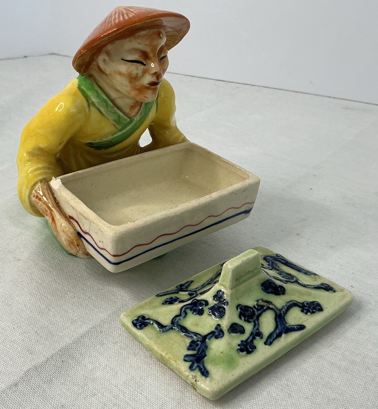 Vintage 1945-1952 Japanese Ceramic Figurine Man With Hat , 4.5” tall.