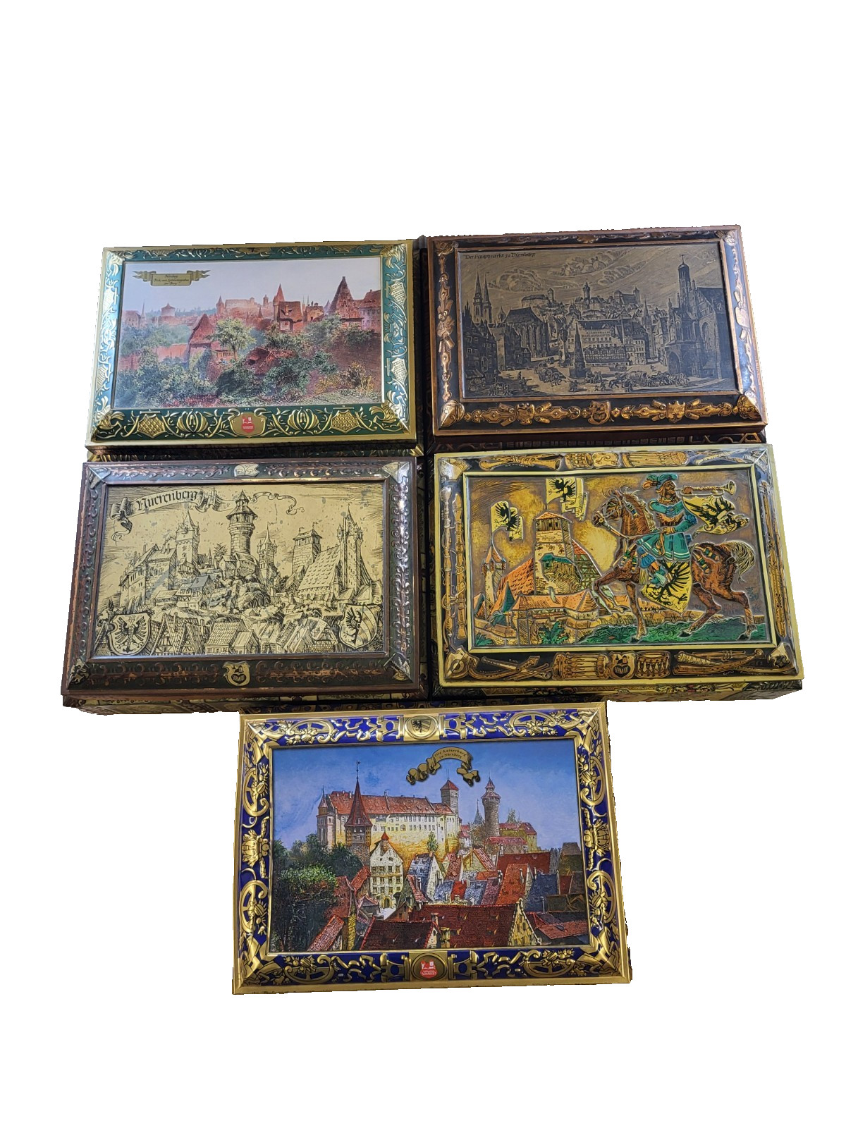 5 large tin cans, E. Otto Schmidt/Gingerbread Schmidt Nuremberg, relief metal 5 large tin cans, E. Otto Schmidt/Gingerbread Schmidt Nuremberg, relief metal