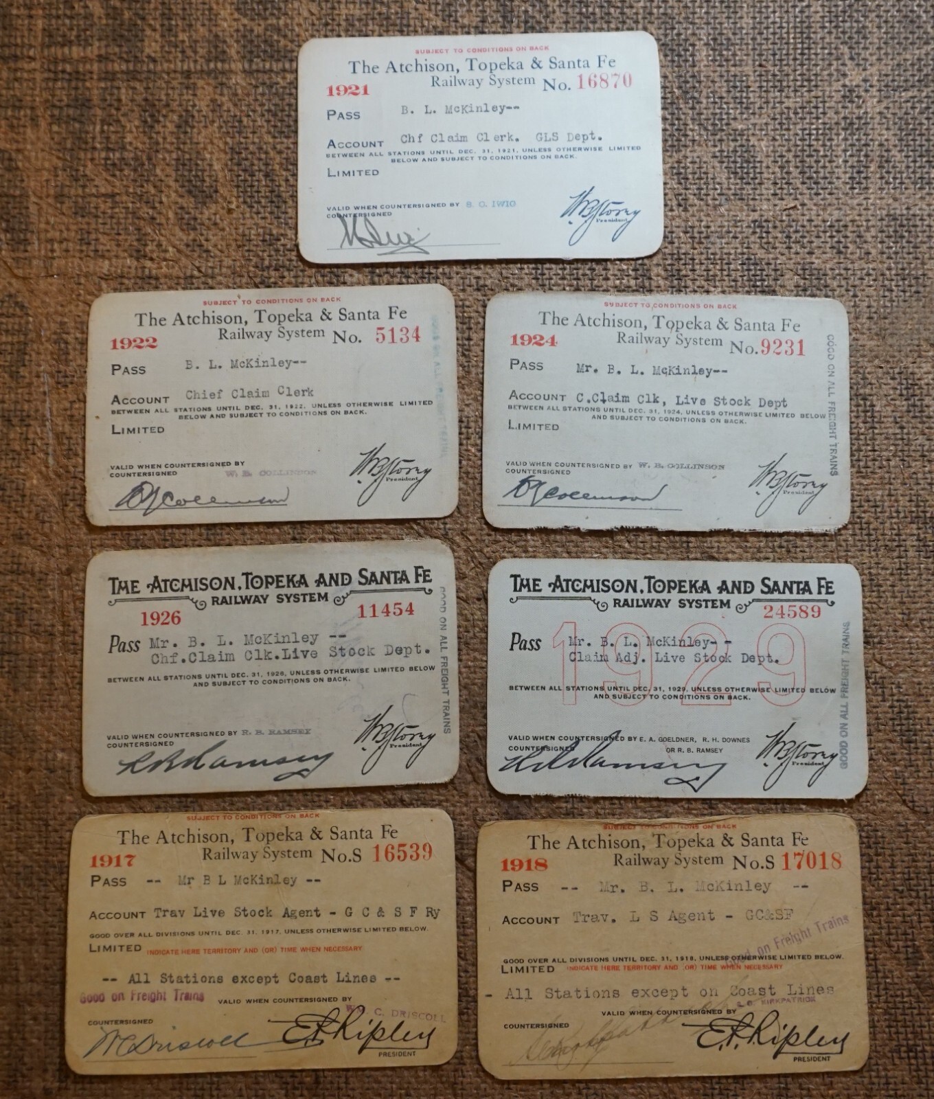 1917 1918 1921 1922 1924 1926 1929 ATCHINSON TOPEKA & SANTE FE RY TRAIN PASSES