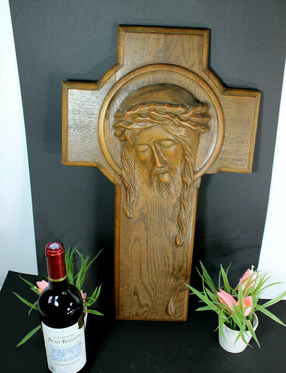 LARGE french wood carved wall plaque christ 1951 dated religious LARGE french wood carved wall plaque christ 1951 dated religious