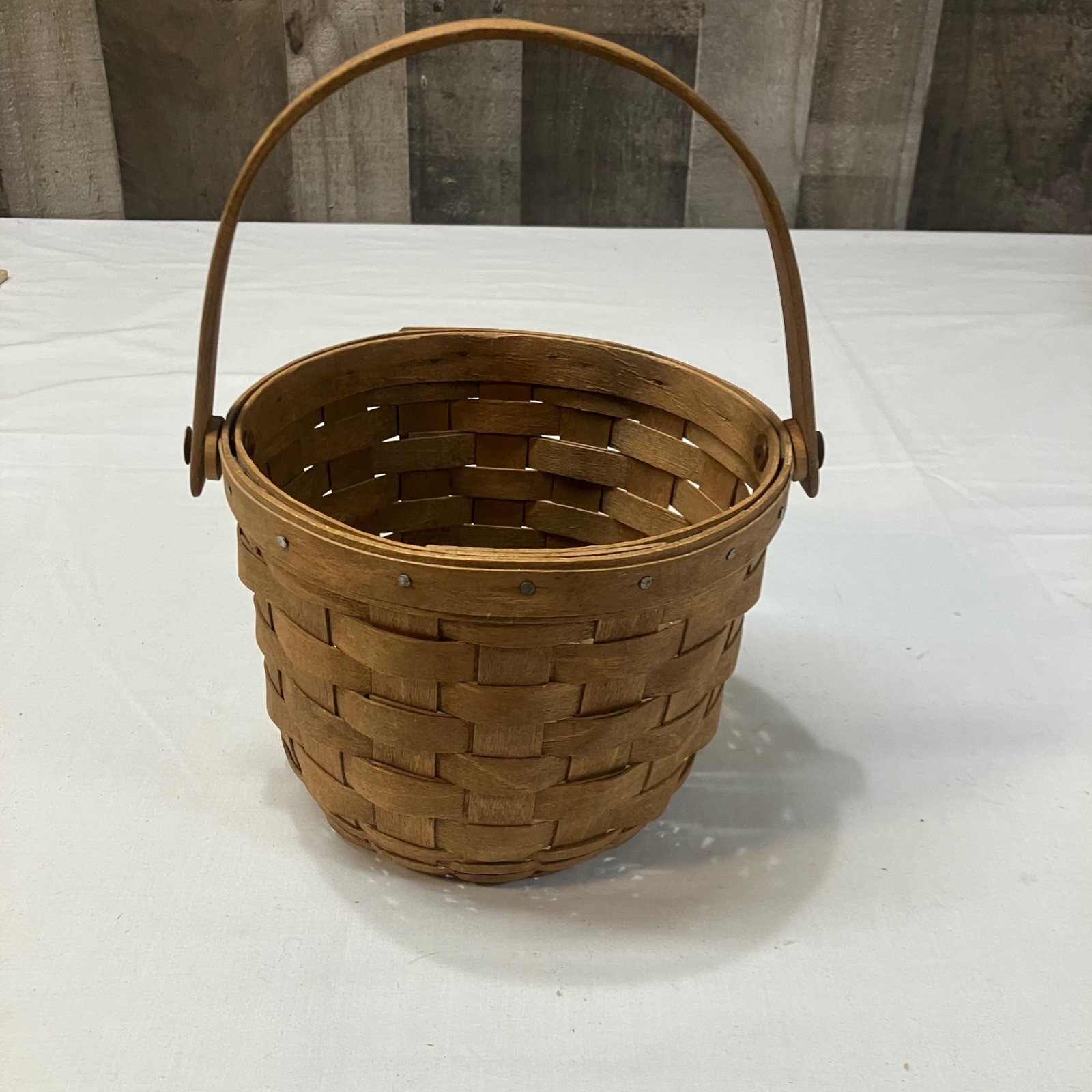 Longaberger 1986 Handwoven Round Wood Basket Swinging Handle USA Made Farmhouse