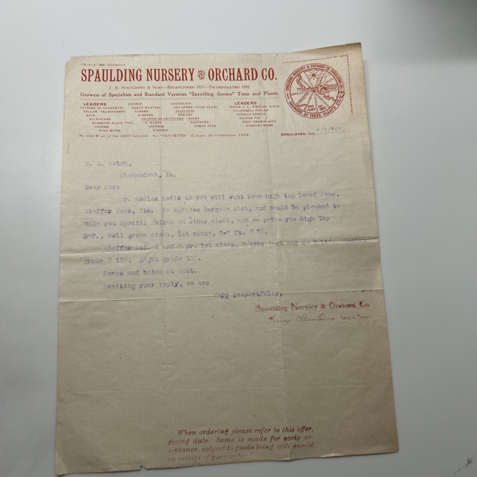 1901 Antique Letterhead Spaulding Nursery & Orchard Co