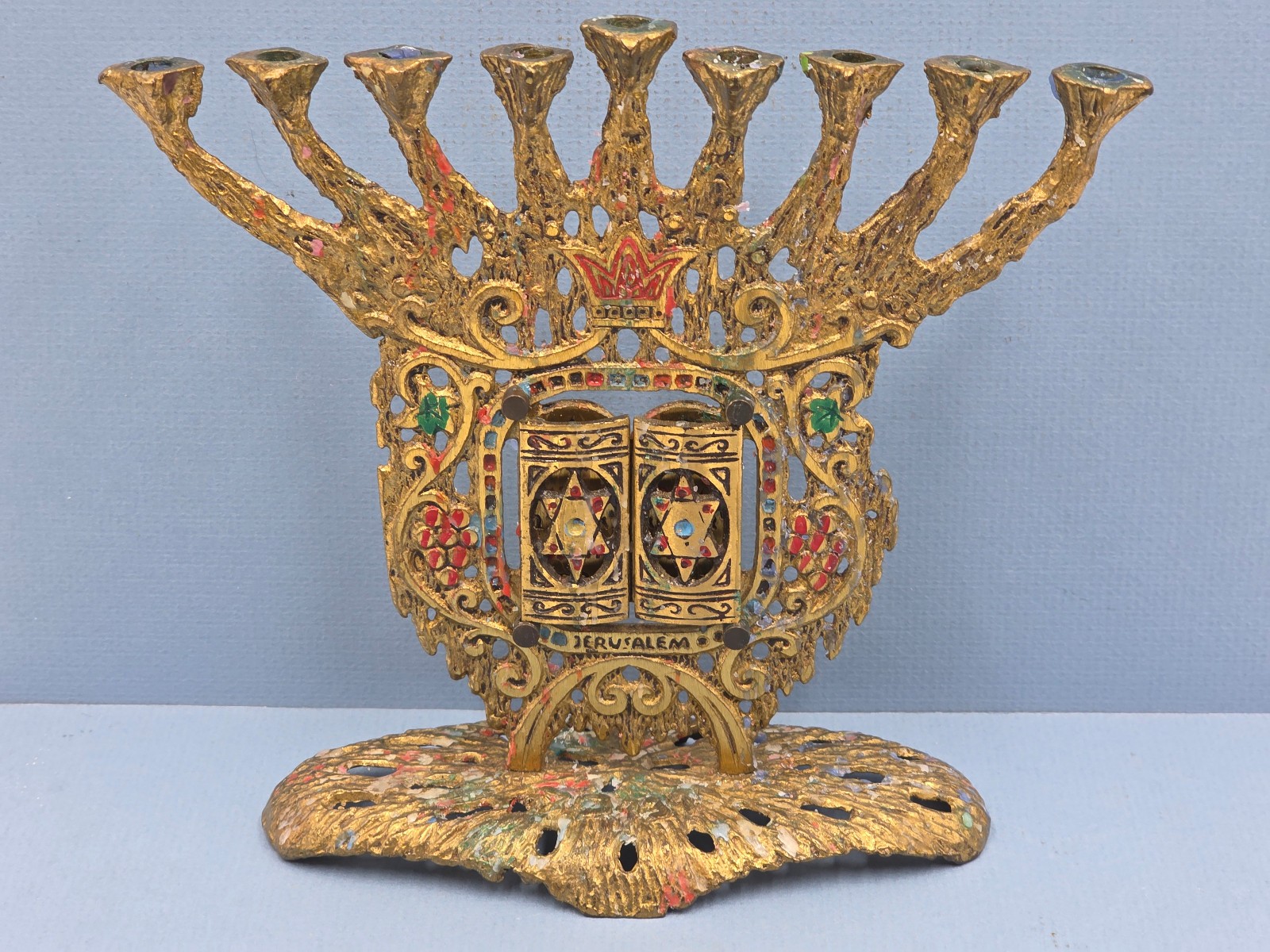 Brass Vintage Menorah Tablet Doors Enameled Accents, Signed  Weinberg-Israel 8\