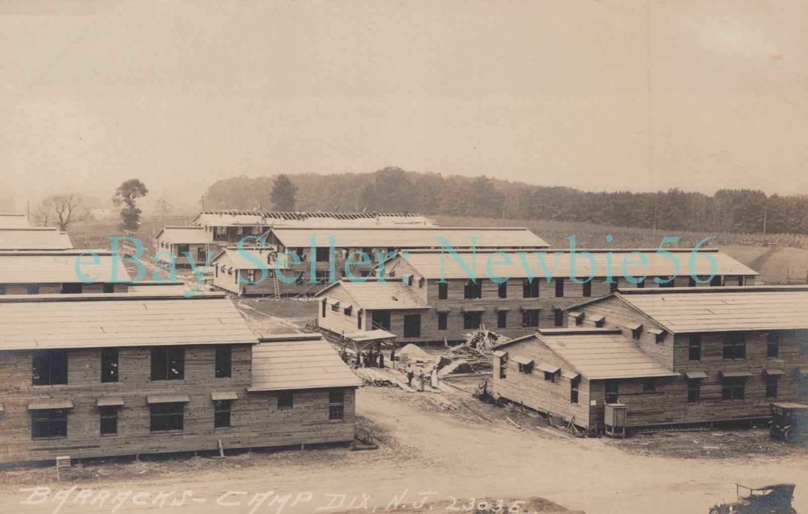Camp Dix NJ - CONSTRUCTION OF BARRACKS - RPPC Postcard Burlington County