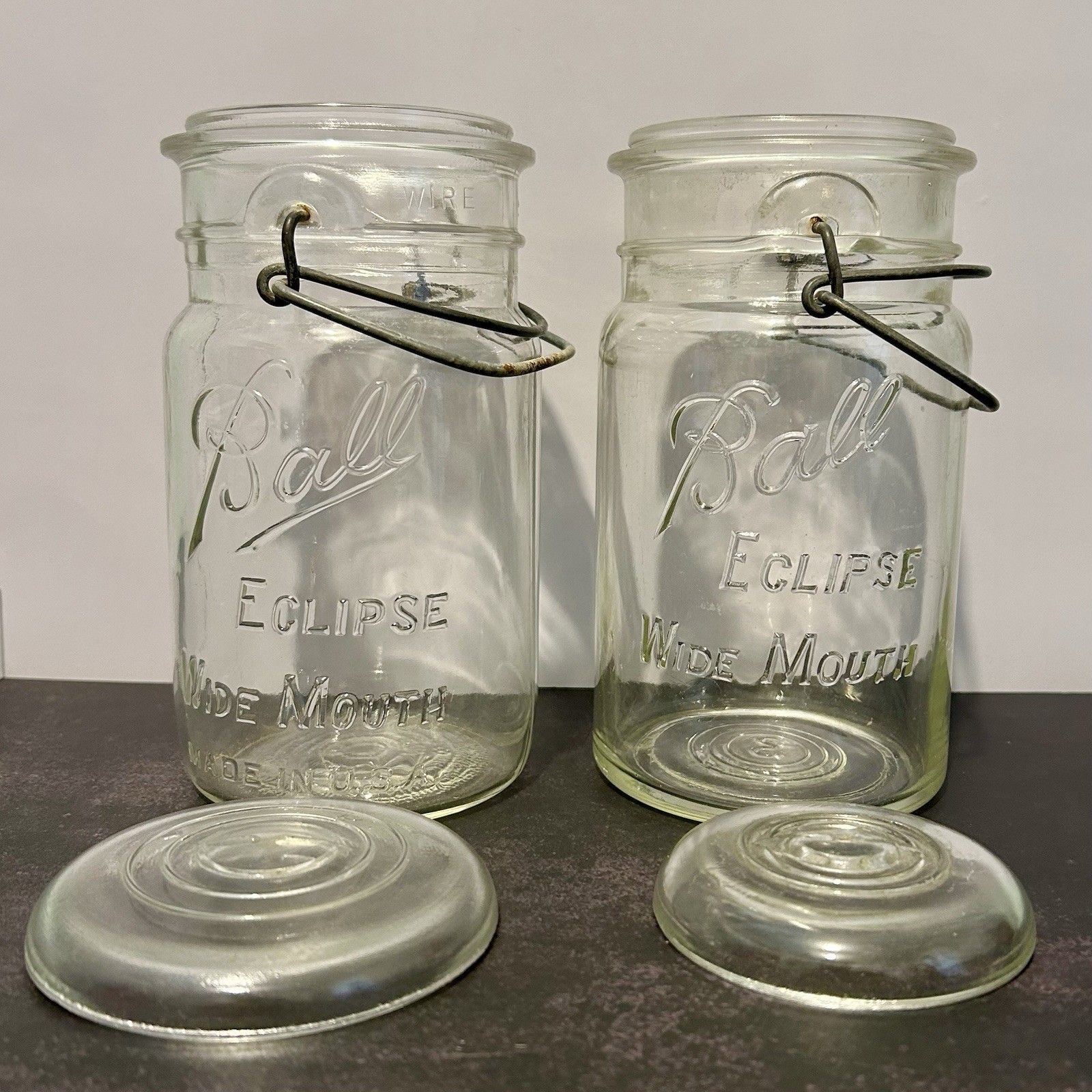 VTG 4 Pc LOT Ball Eclipse Wide Mouth Quart Canning Jars Glass Lids Wire Bails VTG 4 Pc LOT Ball Eclipse Wide Mouth Quart Canning Jars Glass Lids Wire Bails