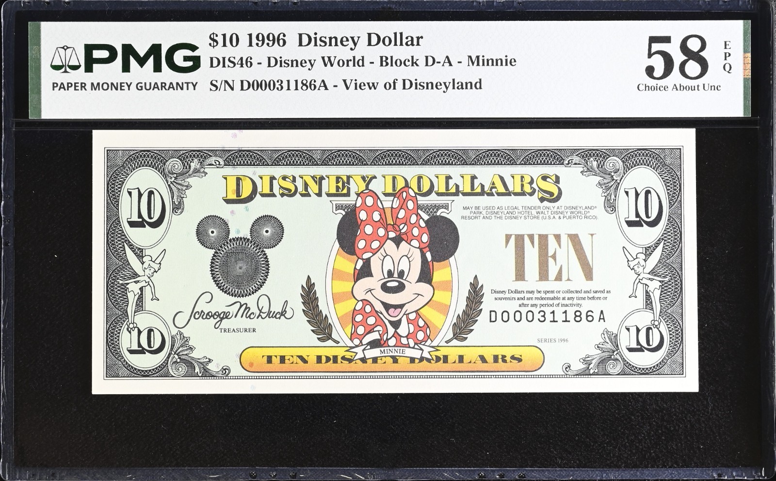 THE RAREST Disney Dollar 1996 D $10 Minnie PMG 58EPQ DIS46 D00031186A