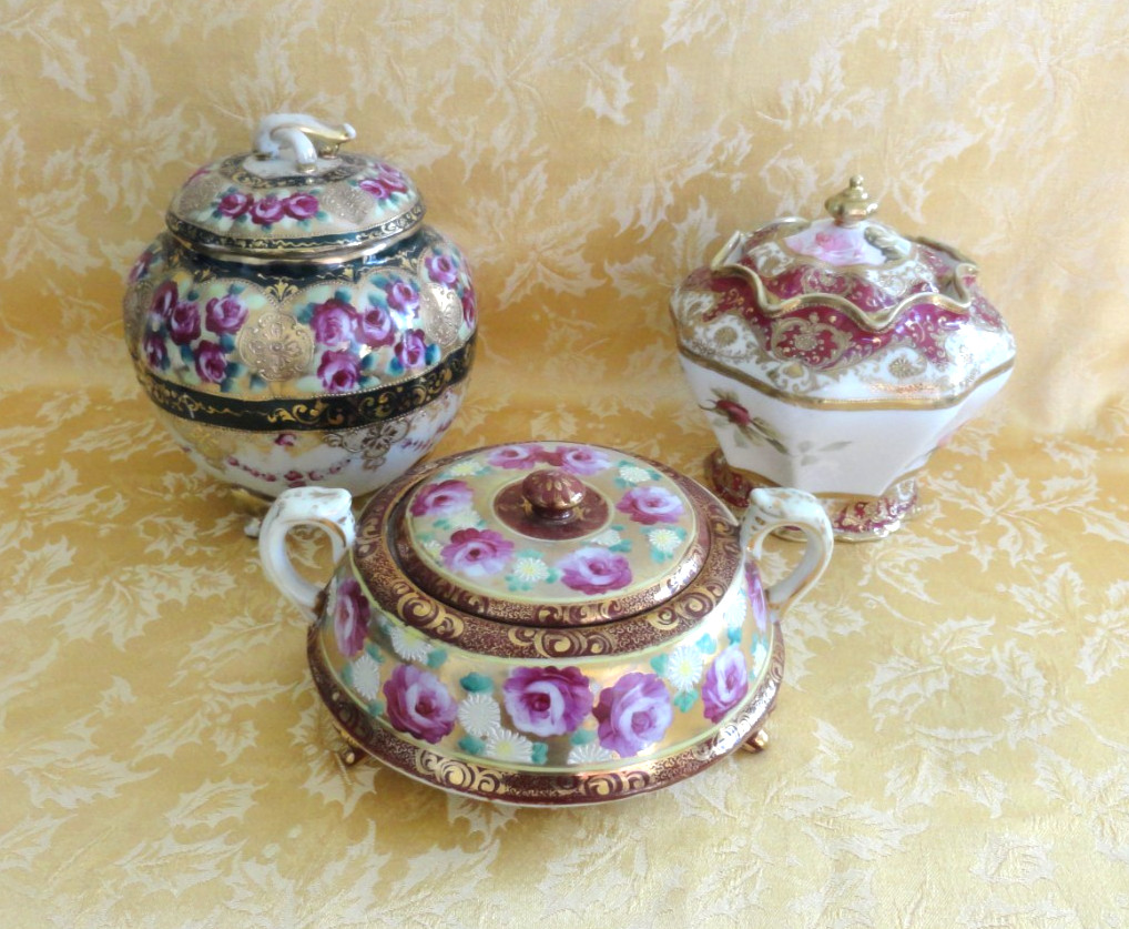 (3) Antique Nippon Porcelain Moriage Hand Painted Rose Gold Gilt Lided Jars Pots