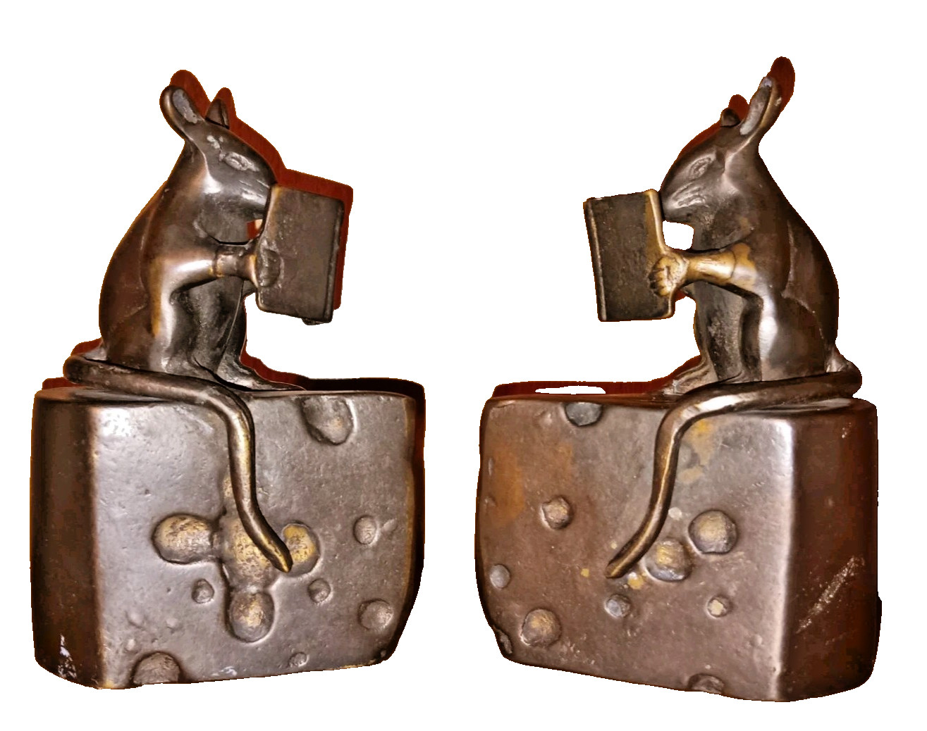Vintage Set Bronze Mice Mouse Reading Books on Swiss Cheese Wedges Bookends SPI 