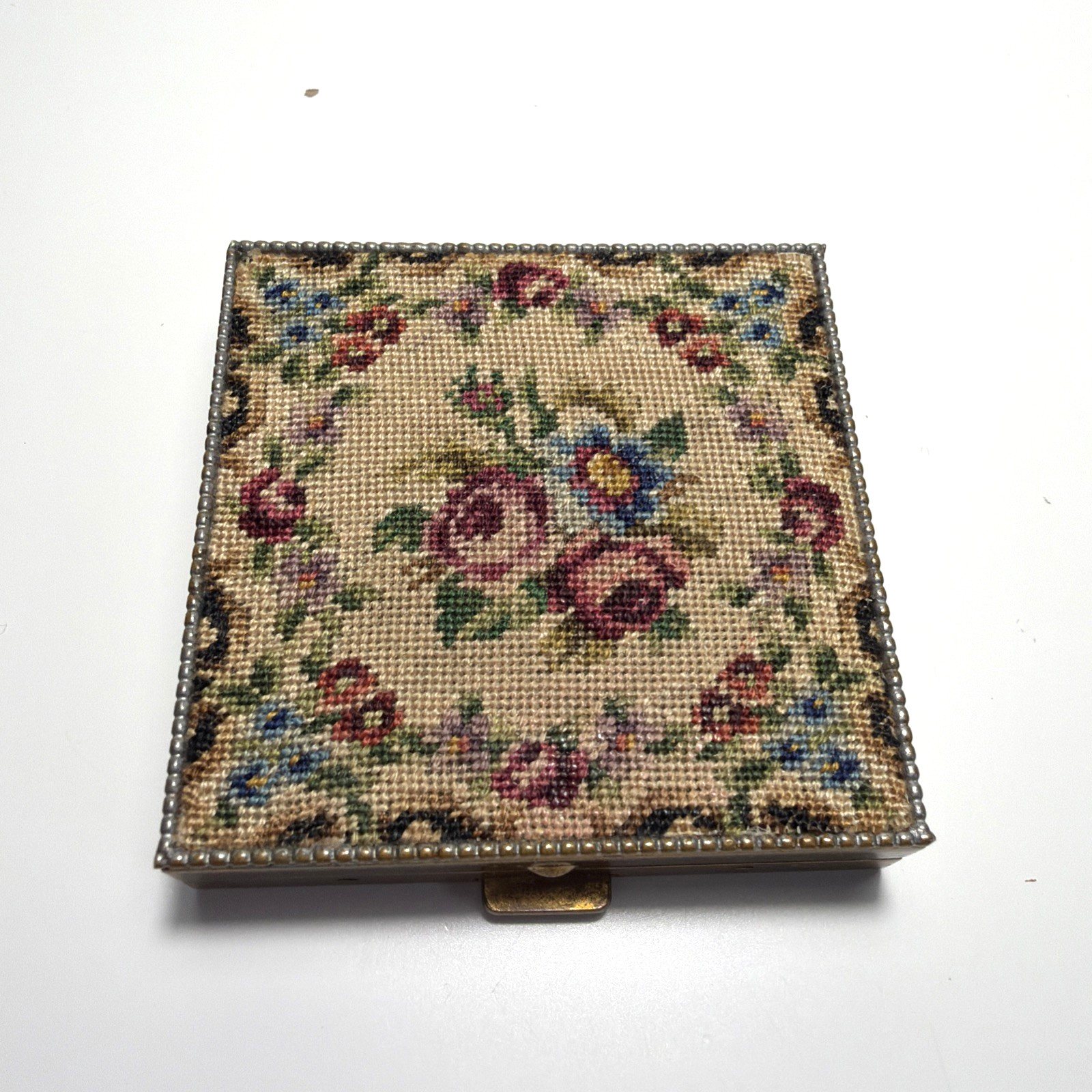 Vintage Schildkraut Petit Point Floral Tapestry Powder Compact Mirror Brass READ