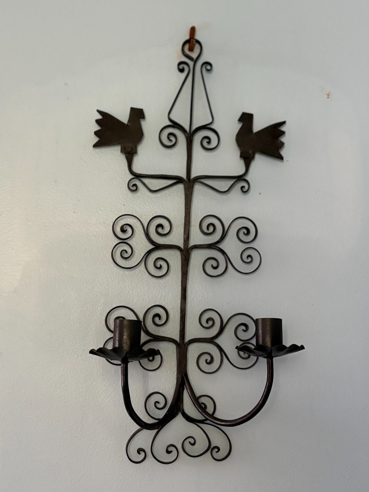 Vtg Hand Forged PA Dutch Wrought Iron Double Candle Sconce Distelfink Bird 15”