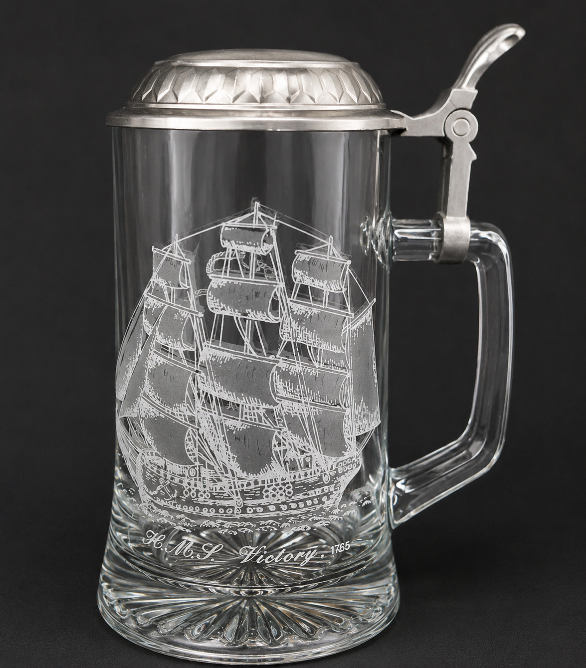 H.M.S. Victory 1765 Glass Beer Stein With Lid. Highly Collectible