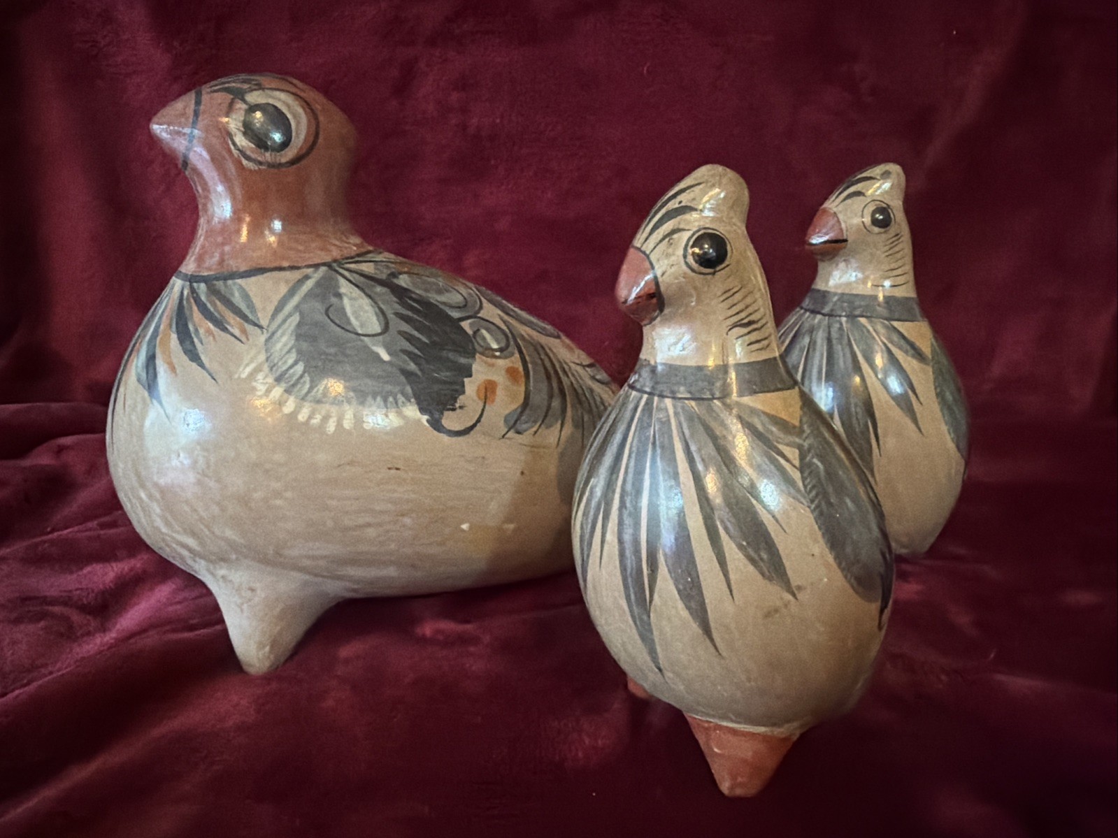 3 Vintage Hand Painted Tonala Mexican Pottery Folk Art Bird Figurine Family