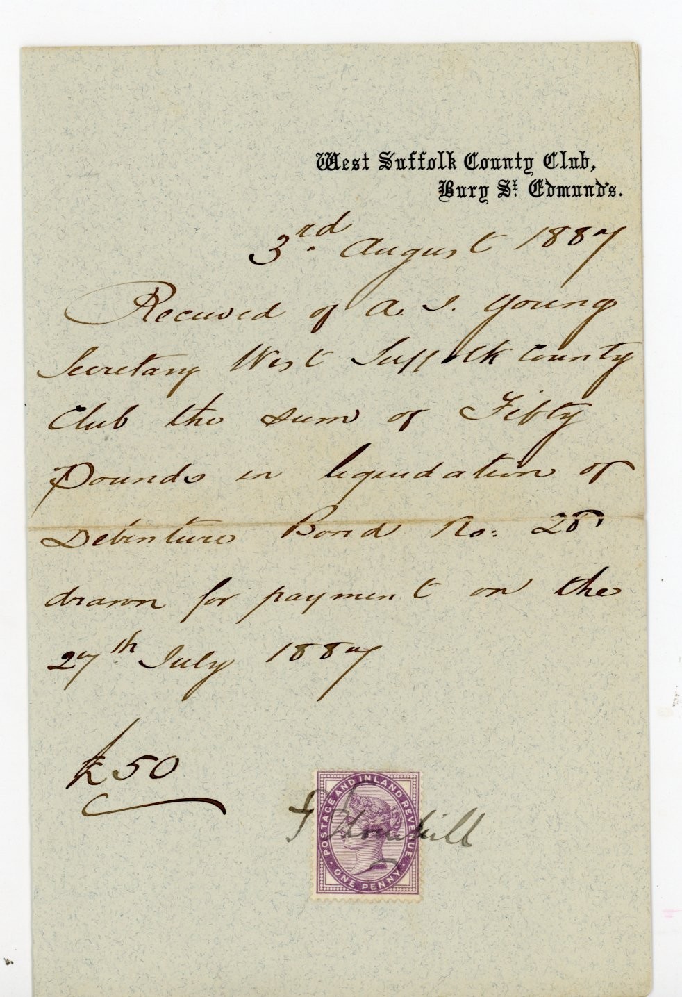 1887 Victorian Manuscript Receipt West Suffolk County Club Bury St Edmunds Stamp 1887 Victorian Manuscript Receipt West Suffolk County Club Bury St Edmunds Stamp