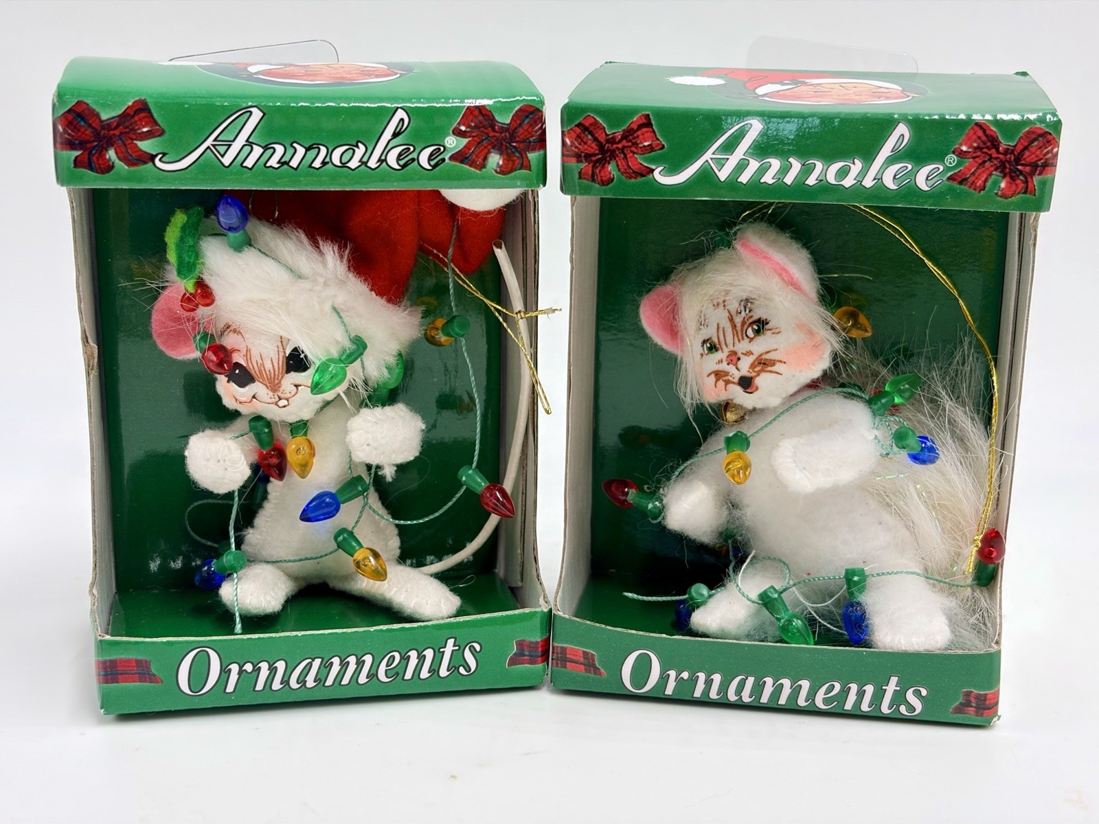 NOS Annalee Christmas Retired 2007 3” Kitty & Mouse W Lights Christmas Ornaments
