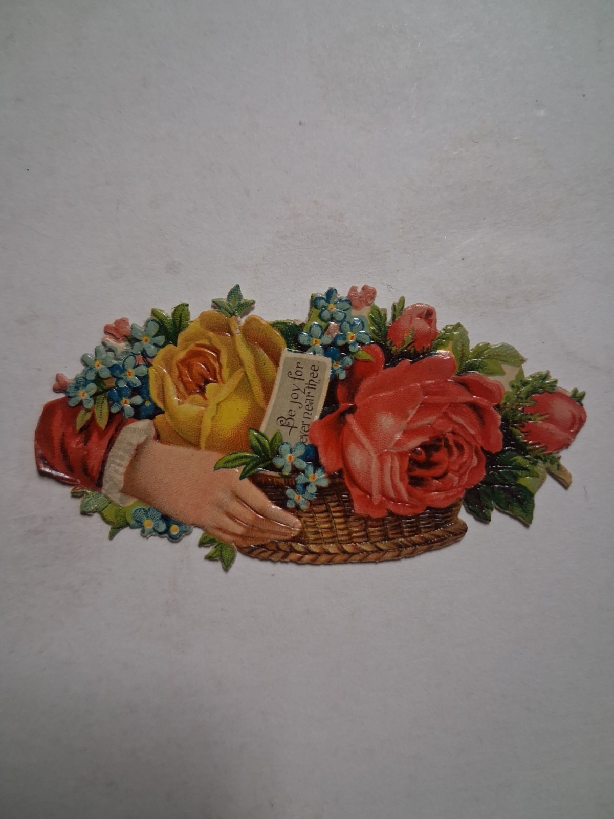 1880s-90s Victorian FLORAL Hand Basket EMBOSSED DIE CUT 2x4 Ephemera