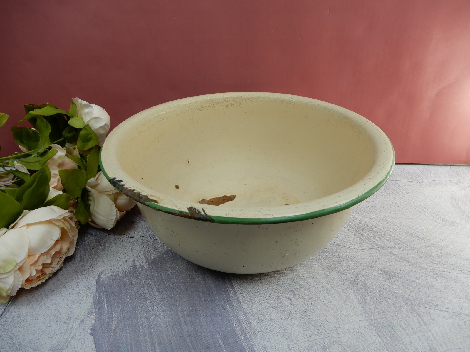 Vintage Beige and Green Trimmed Enamelware As Is