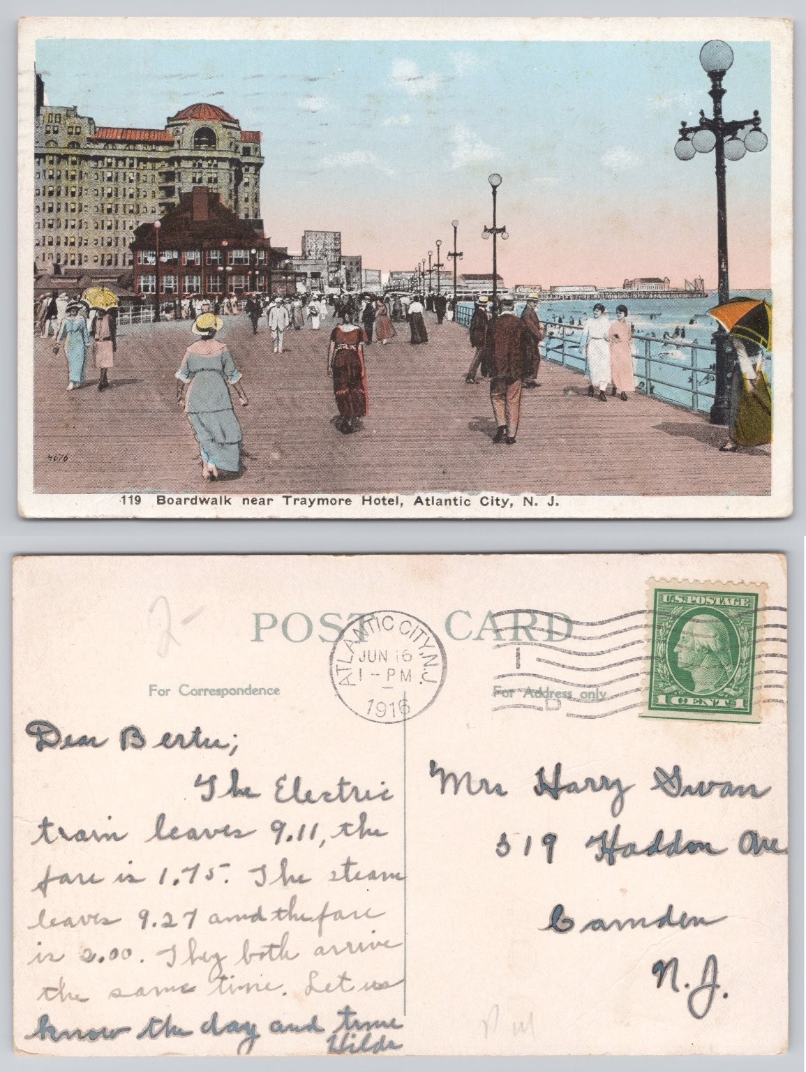1916 Atlantic City NJ Boardwalk Traymore Hotel Vintage Postcard