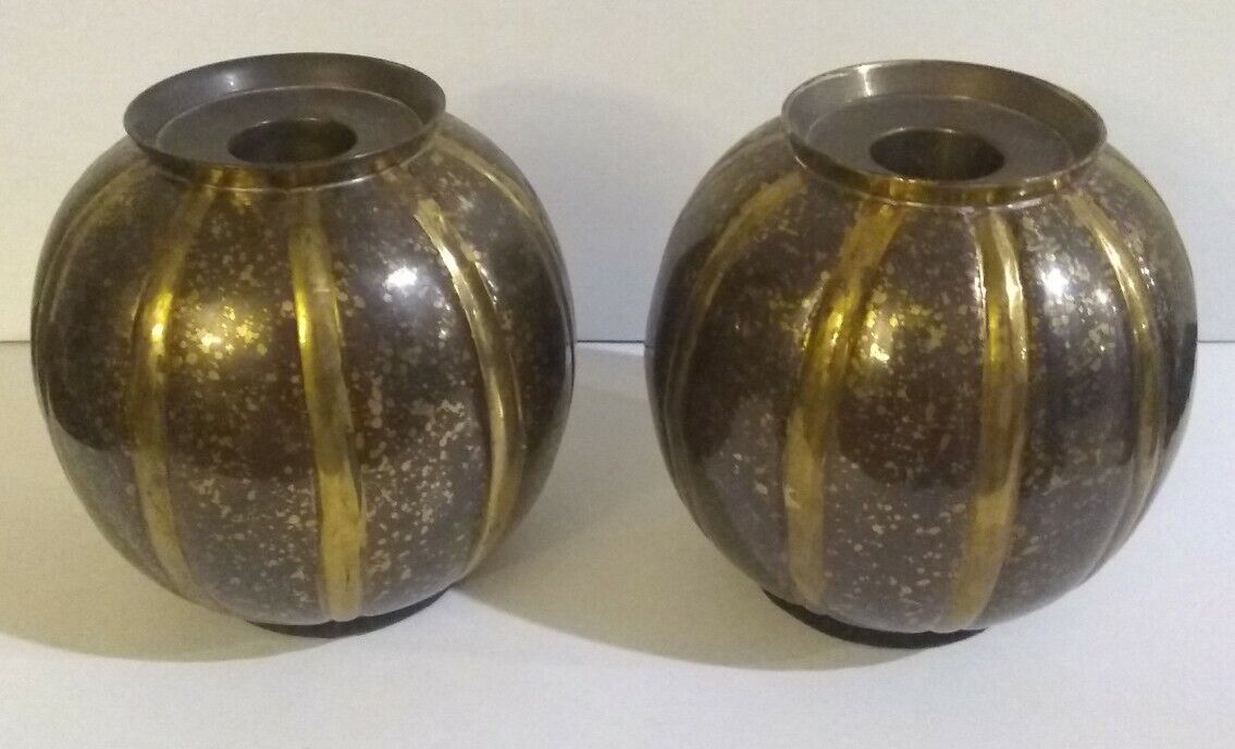 Vintage Retro Round Brass Decorative Candleholders (2)