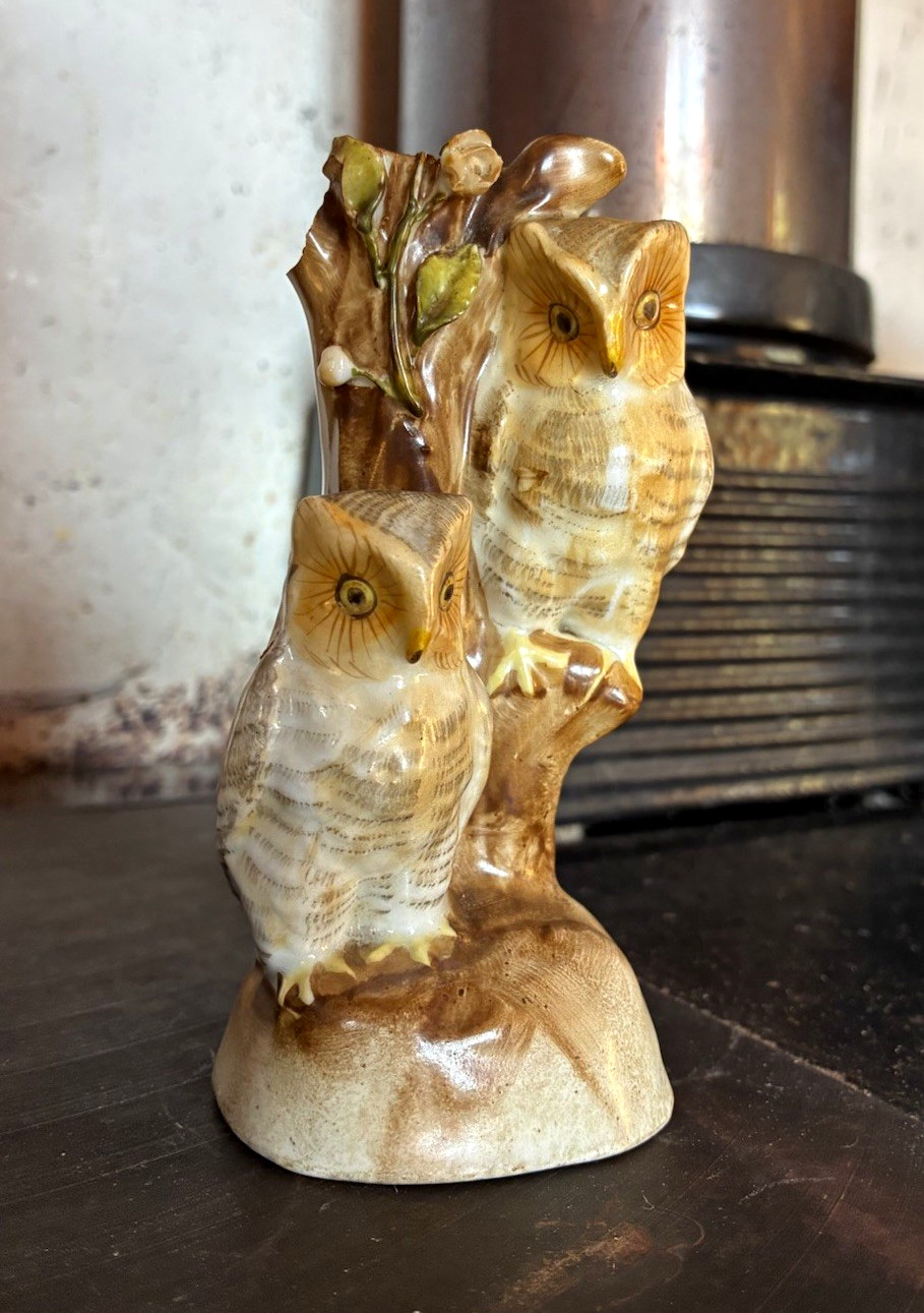 Vintage Glazed Porcelain Pair of Owls Tree Figurine Impressed Mark 170 Retro Vintage Glazed Porcelain Pair of Owls Tree Figurine Impressed Mark 170 Retro