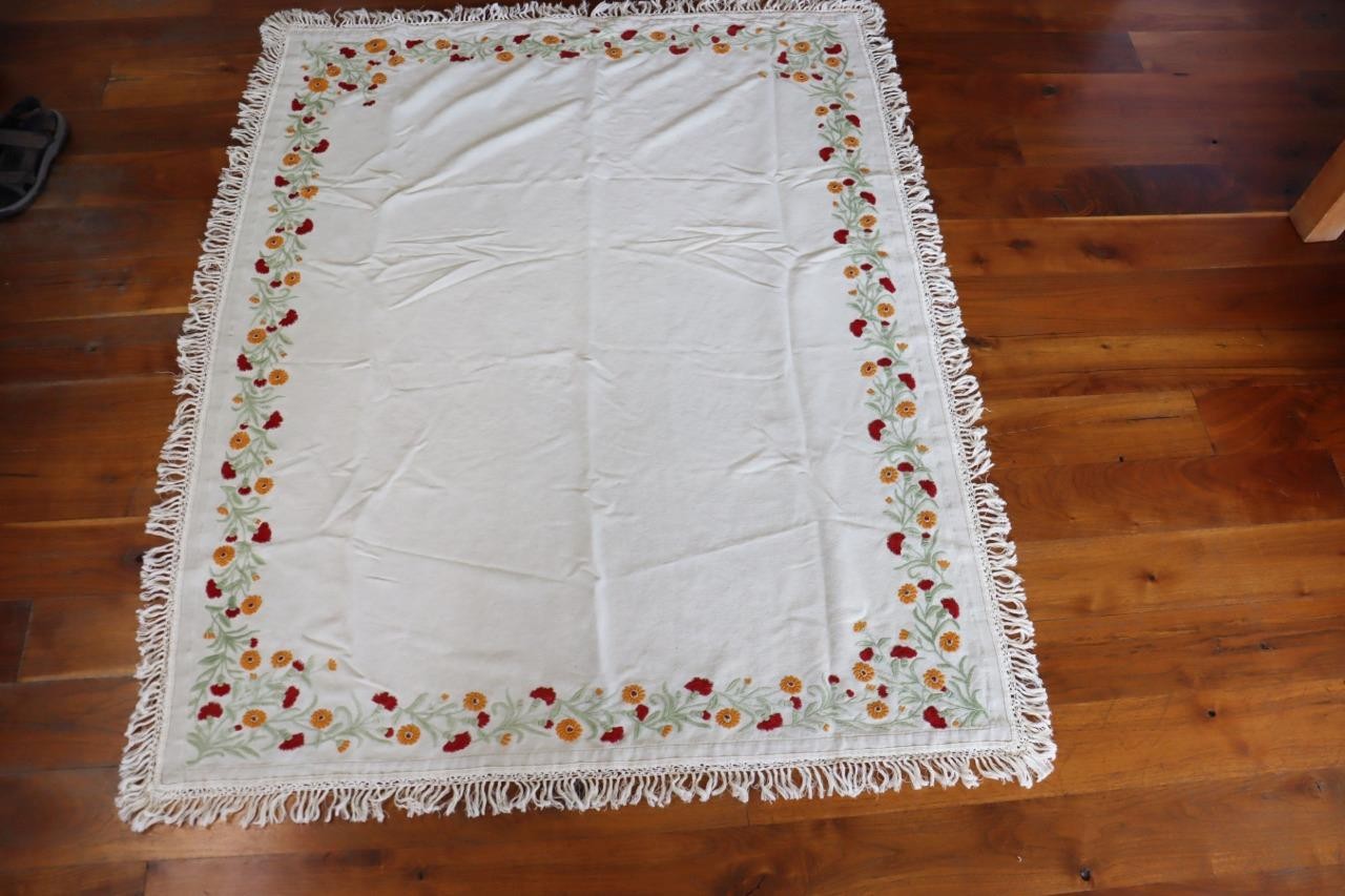 Rare 1930\'s-1940\'s French Cotton Hand Embroidered Cotton Table Cloth 72\