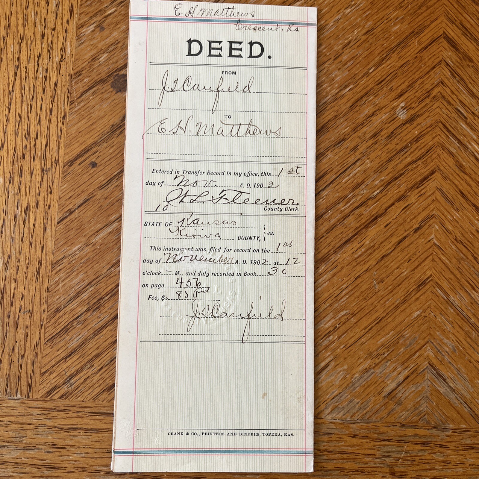 Antique 1902 Mortgage Deed Kiowa County Kansas