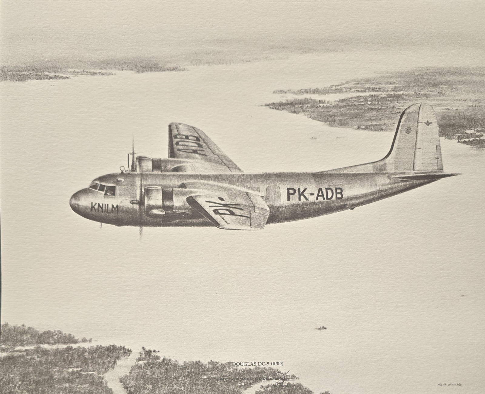 Vintage McDonnell Douglas DC-5 R3D KNILM Aviation Art Print 8x10