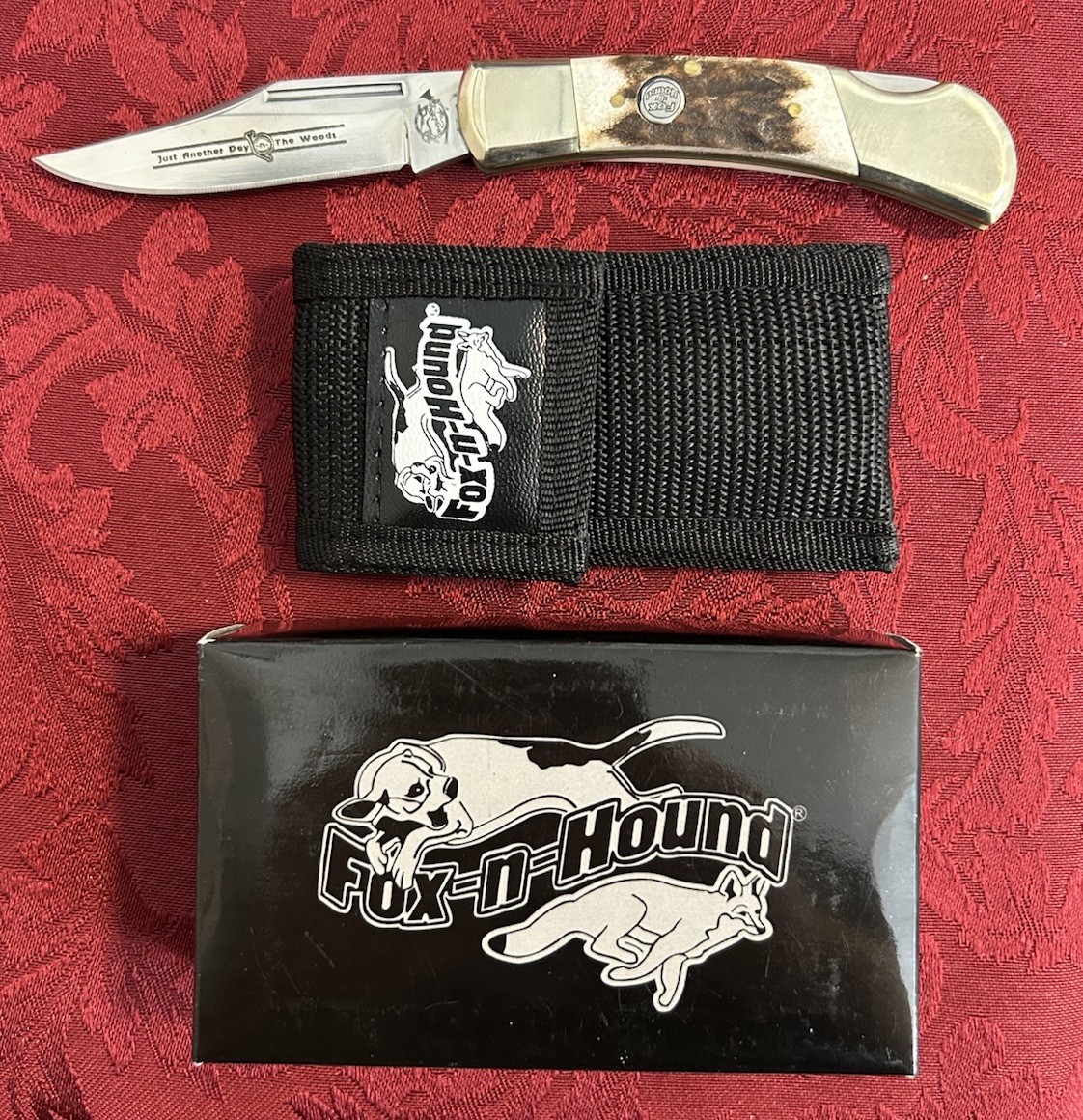 Vintage Fox-N-Hound Just Another Day In The Woods Stag Pocket Knife Clip Pt New