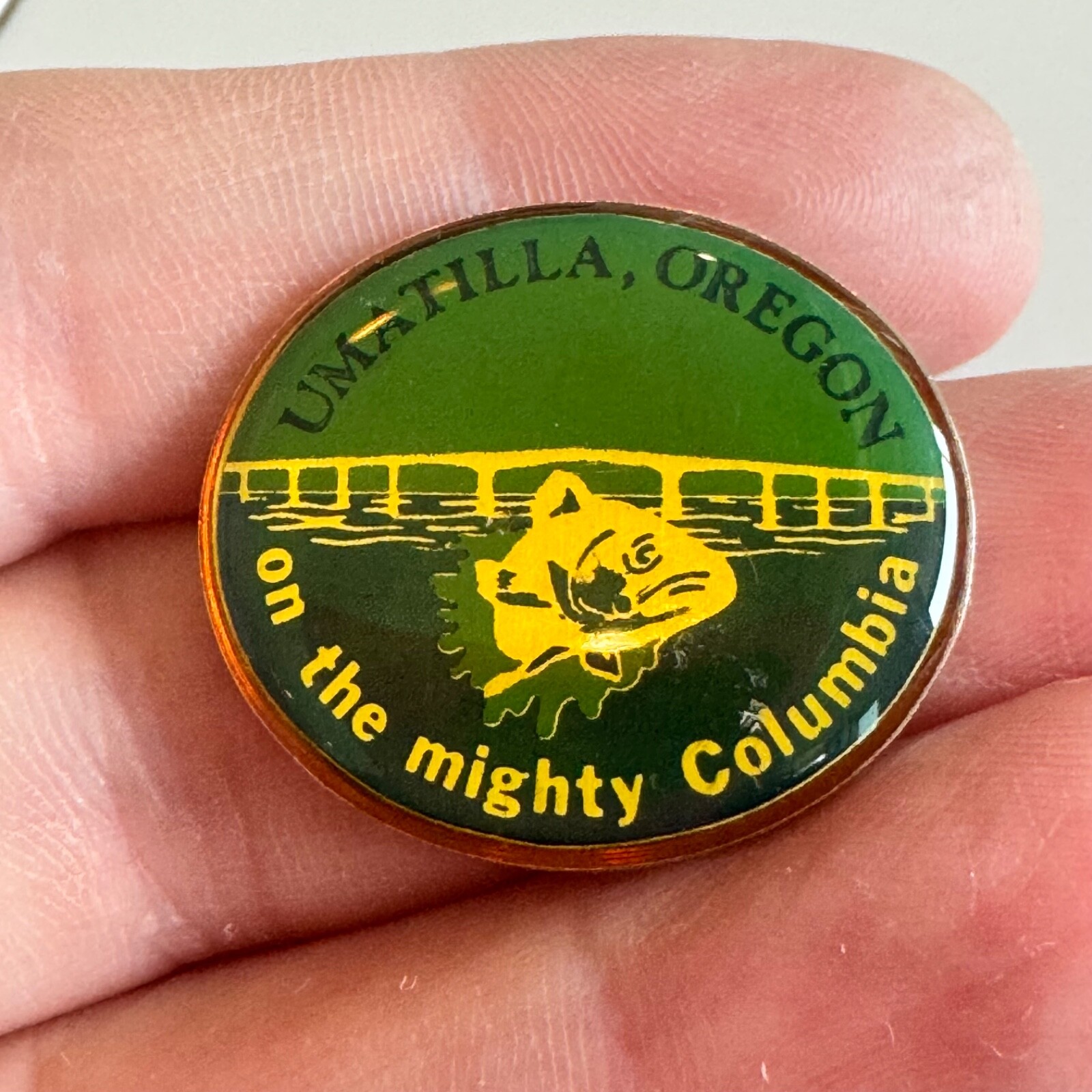 Umatilla Oregon On the Mighty Columbia Lapel Pin River Fish Souvenir Vintage Umatilla Oregon On the Mighty Columbia Lapel Pin River Fish Souvenir Vintage