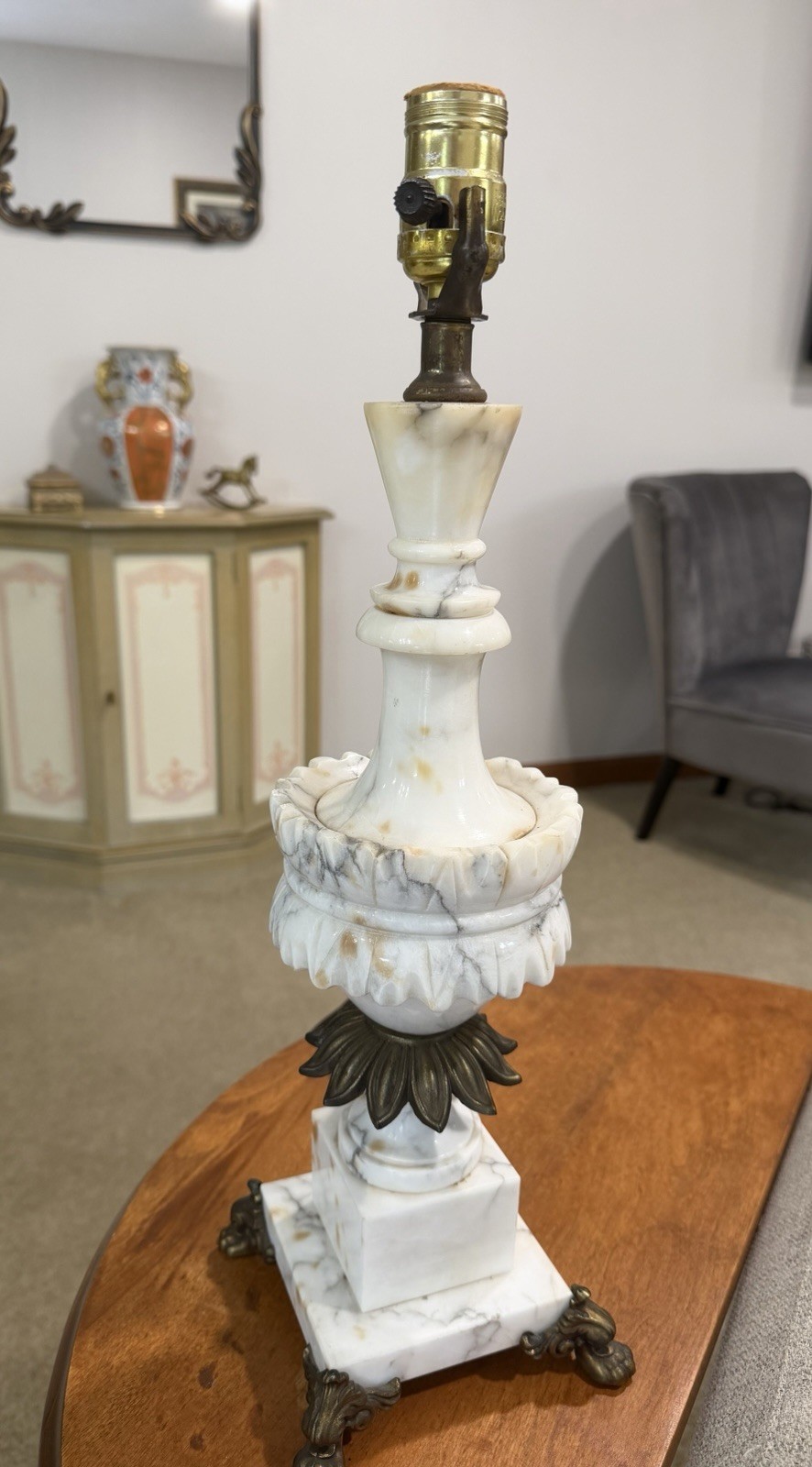 Vintage Stone Alabaster Lamp Urn Style+Leaves,Gray And Amber Veining,19” Works