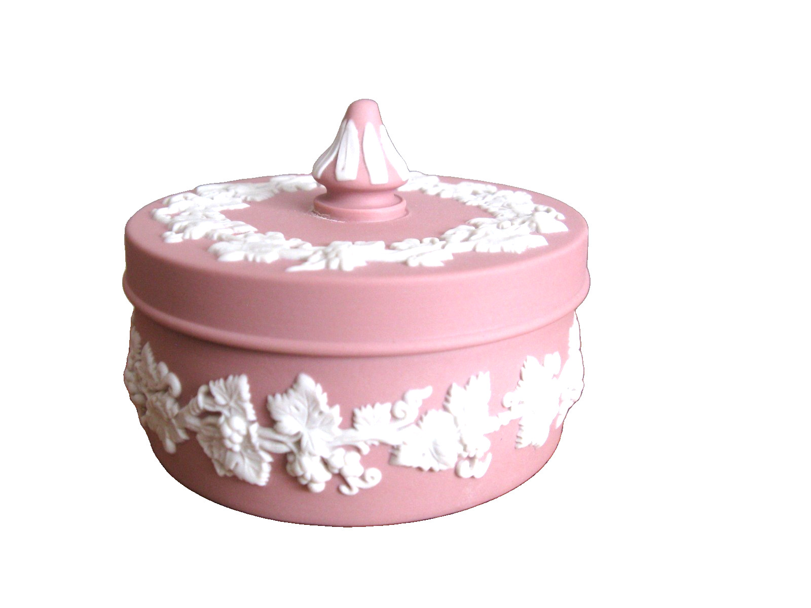 Wedgwood England RARE PINK Jasperware Grape Vine Round Lidded Trinket Box