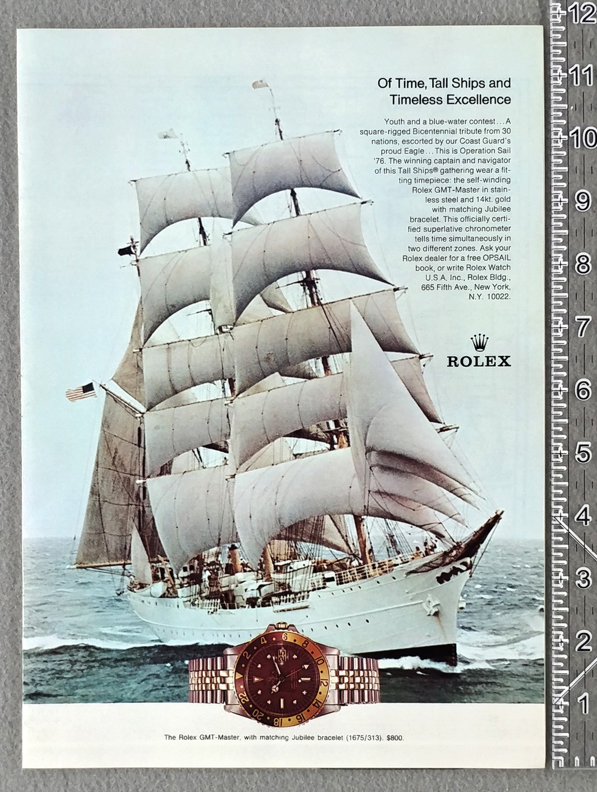 1976 Rolex GMT MASTER w/ Jubilee Bracelet Clipper Ship Original Vintage Print Ad