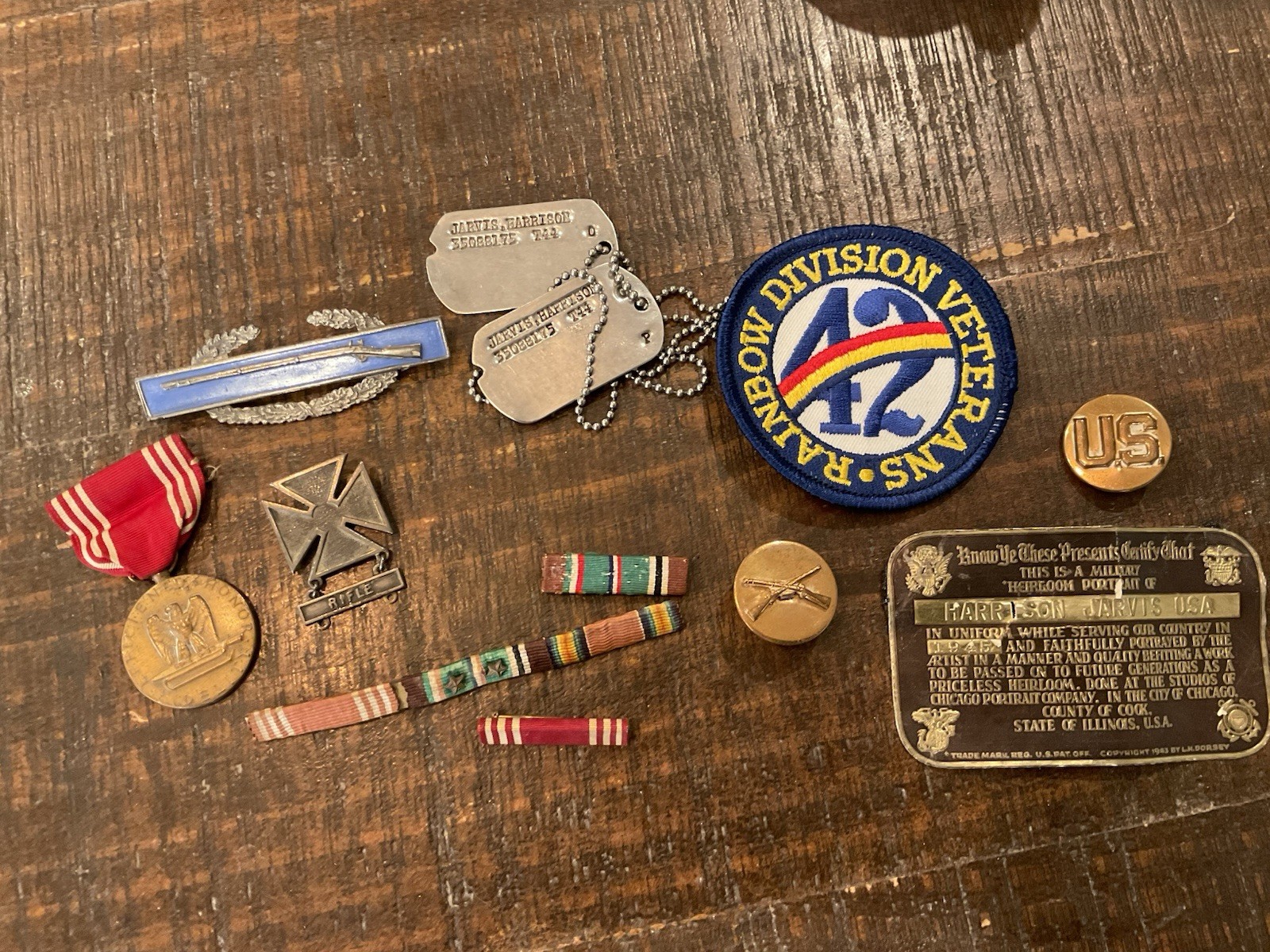 ORIGINAL WWII DOG TAGS, CIB, RIBBONS ETC FROM 42ND DIV 242nd INF REGT SOLDIER ORIGINAL WWII DOG TAGS, CIB, RIBBONS ETC FROM 42ND DIV 242nd INF REGT SOLDIER