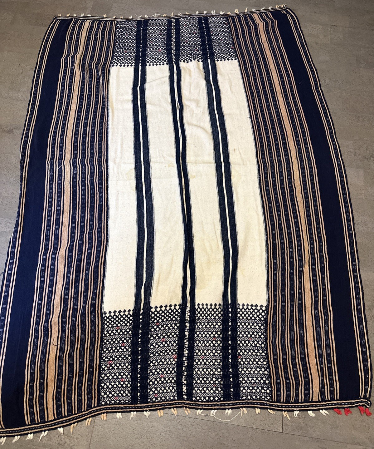 Vintage BLANKET Handwoven Cotton Textile Indigo Dyed Fringed Lao Thai 4\'x7\' Loom