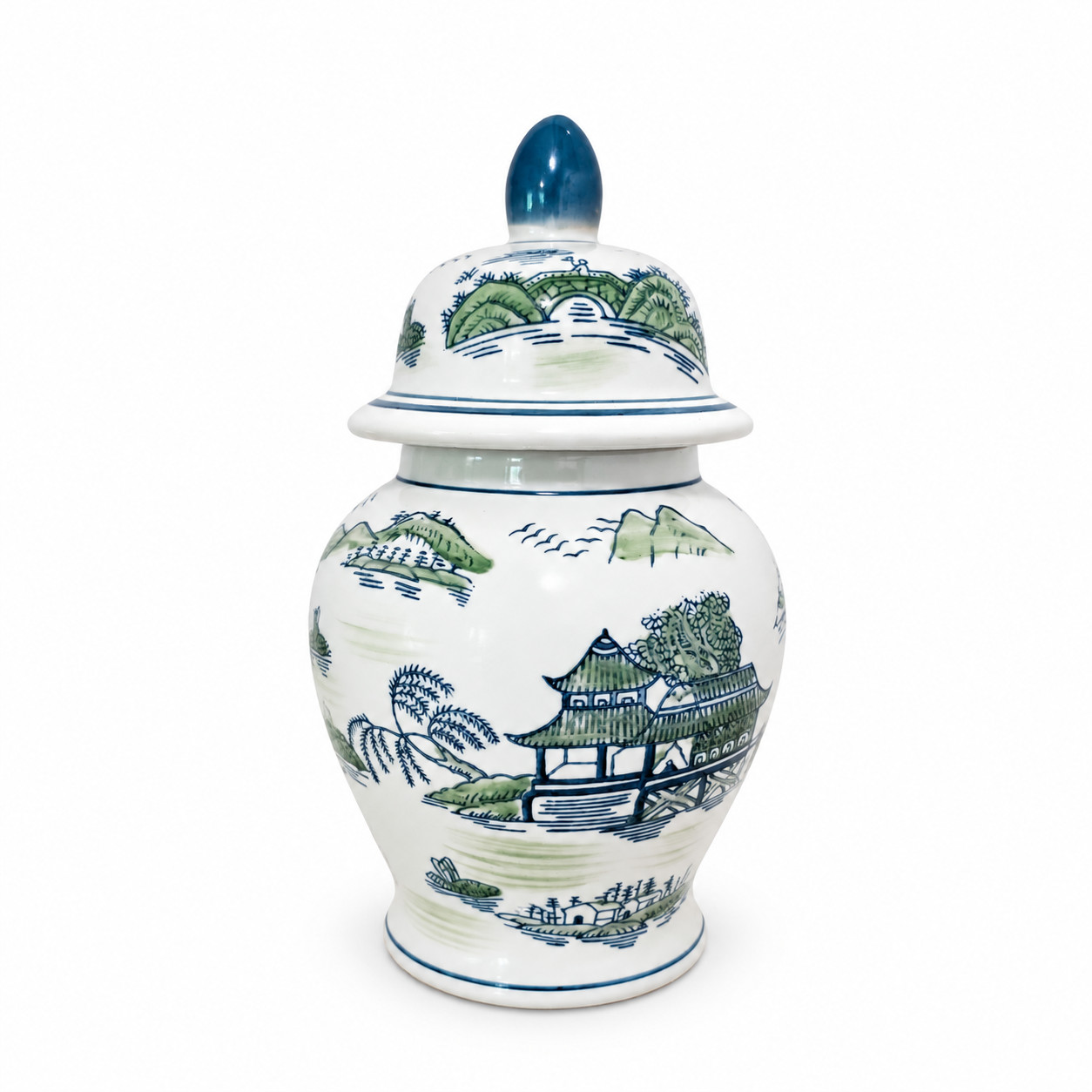 NEW Ceramic Ginger Jar Blue Green Landscape Lidded Chinoiserie Decor 10.5\