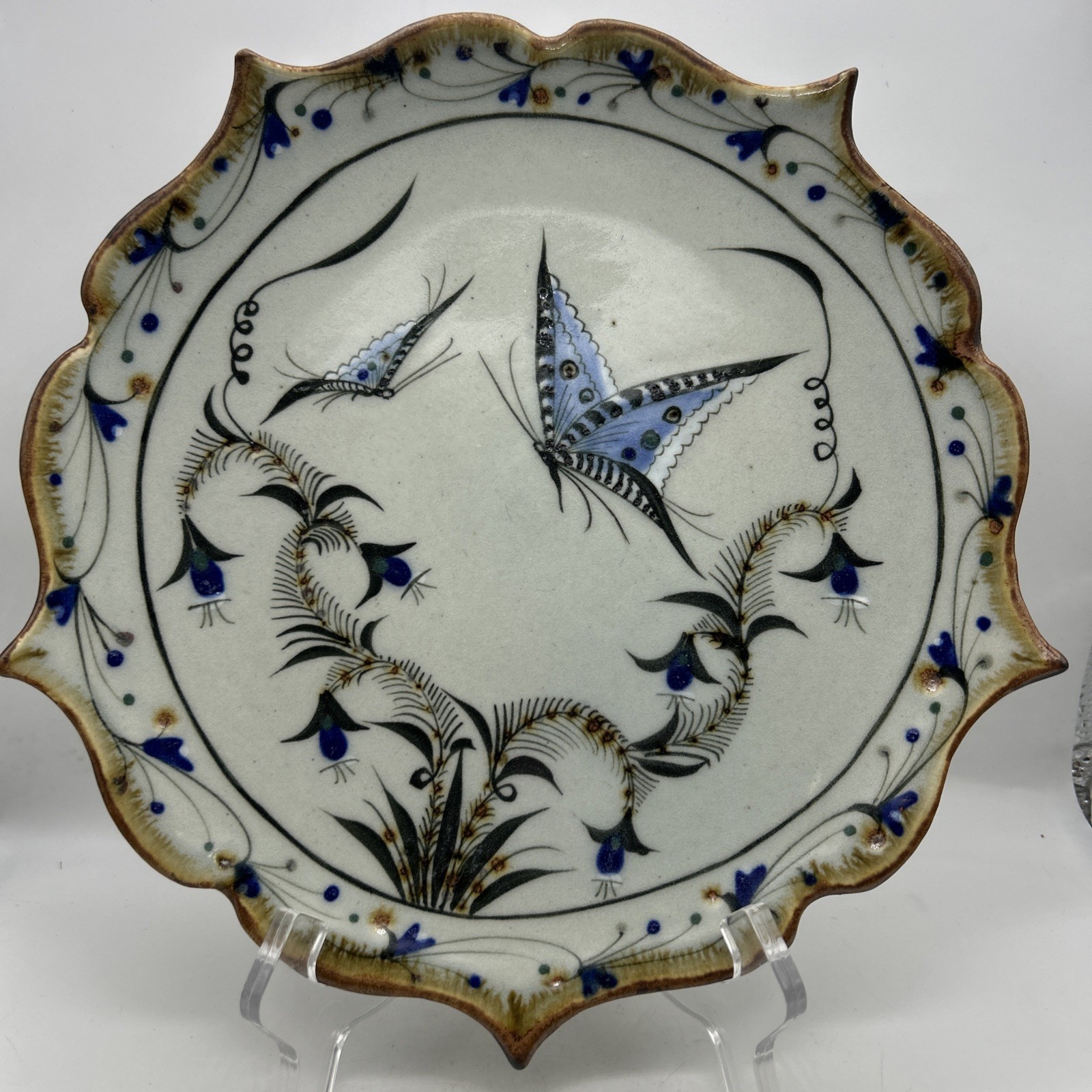 Vtg Ken Edwards Mexican Pottery Platter Plate Signed KE Mexico Butterfly 🦋