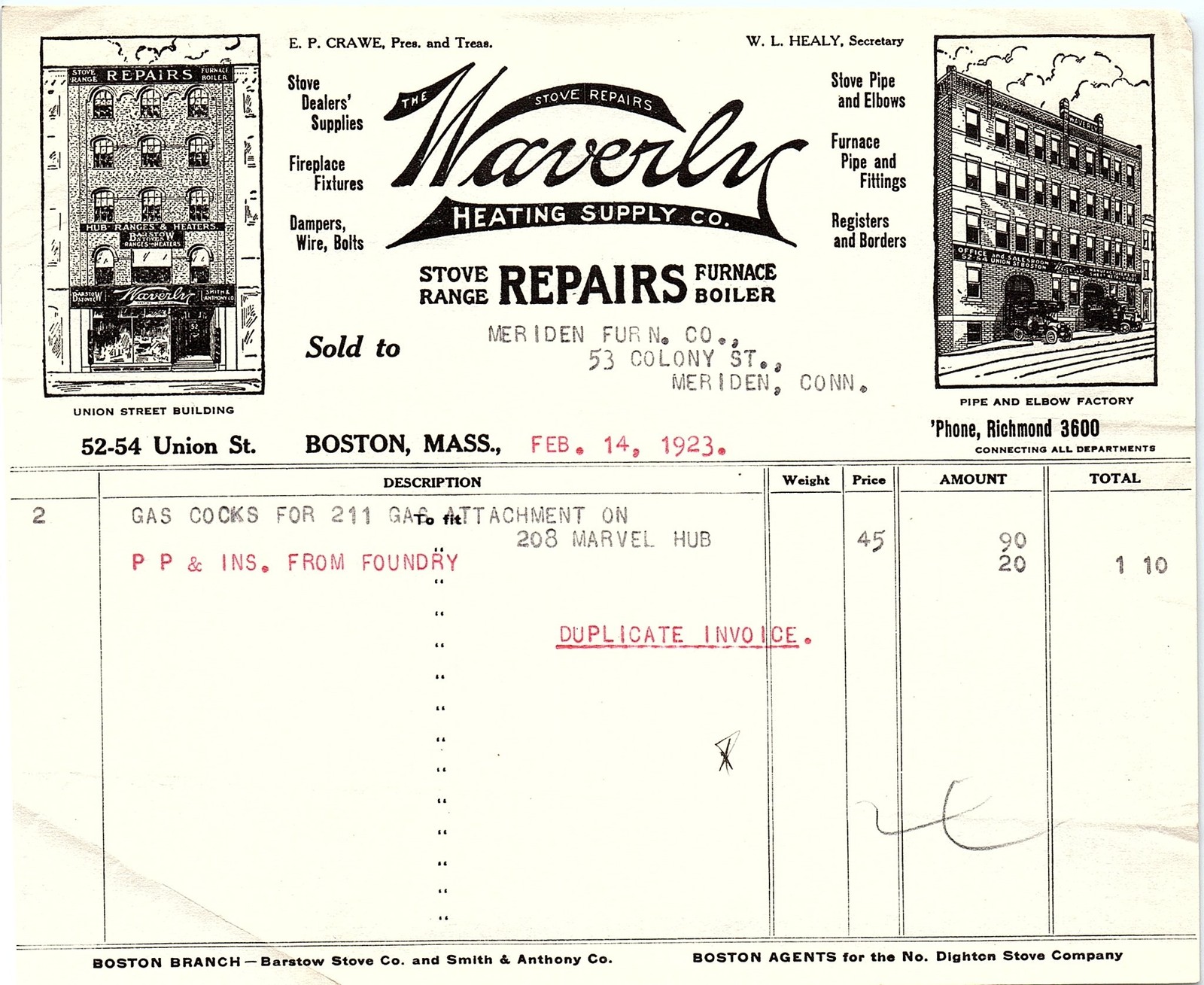 1923 Waverly Heating Supply Co. Boston Heating Supply Billhe