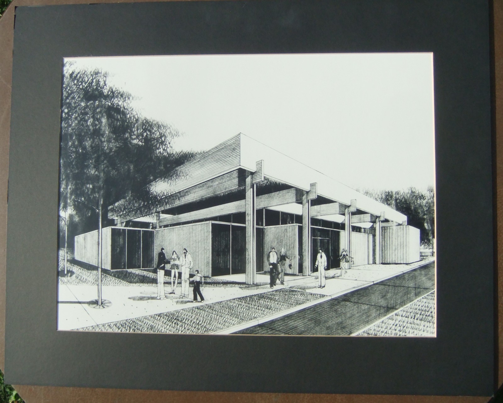 Original 1960's Mid-Century Architectural Concept Rendering w/ Long Leg Humans Original 1960's Mid-Century Architectural Concept Rendering w/ Long Leg Humans