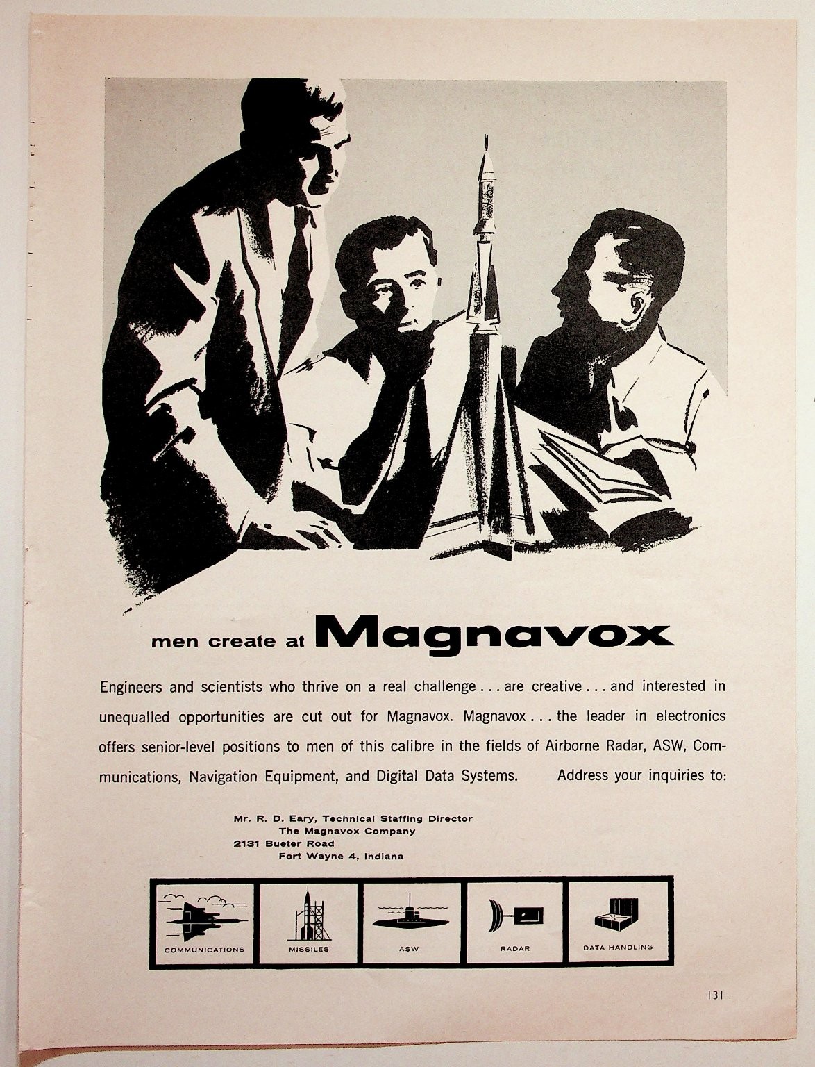 Magnavox Recruitment Ad 1950s/60s Engineers Missiles Radar Fort Wayne IN