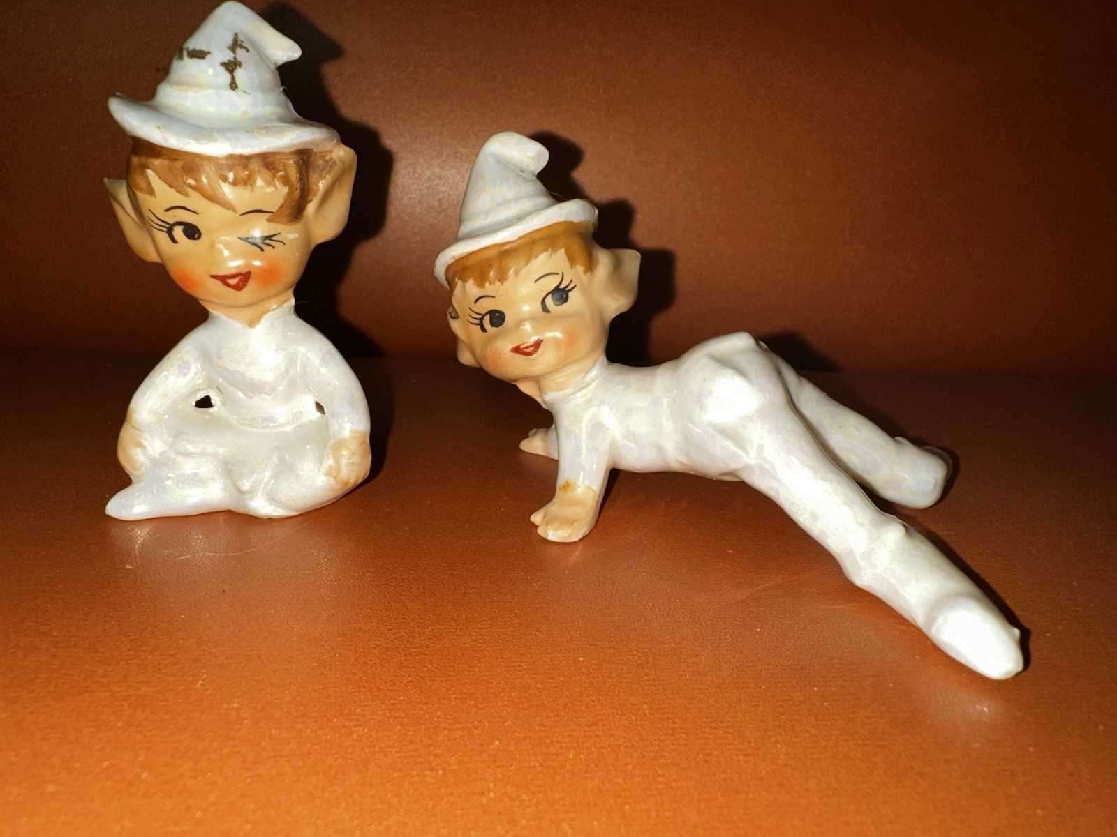 Vintage Pair Pixie Elf Figurines Japan Elves Christmas Ceramic MCM Luster Japan